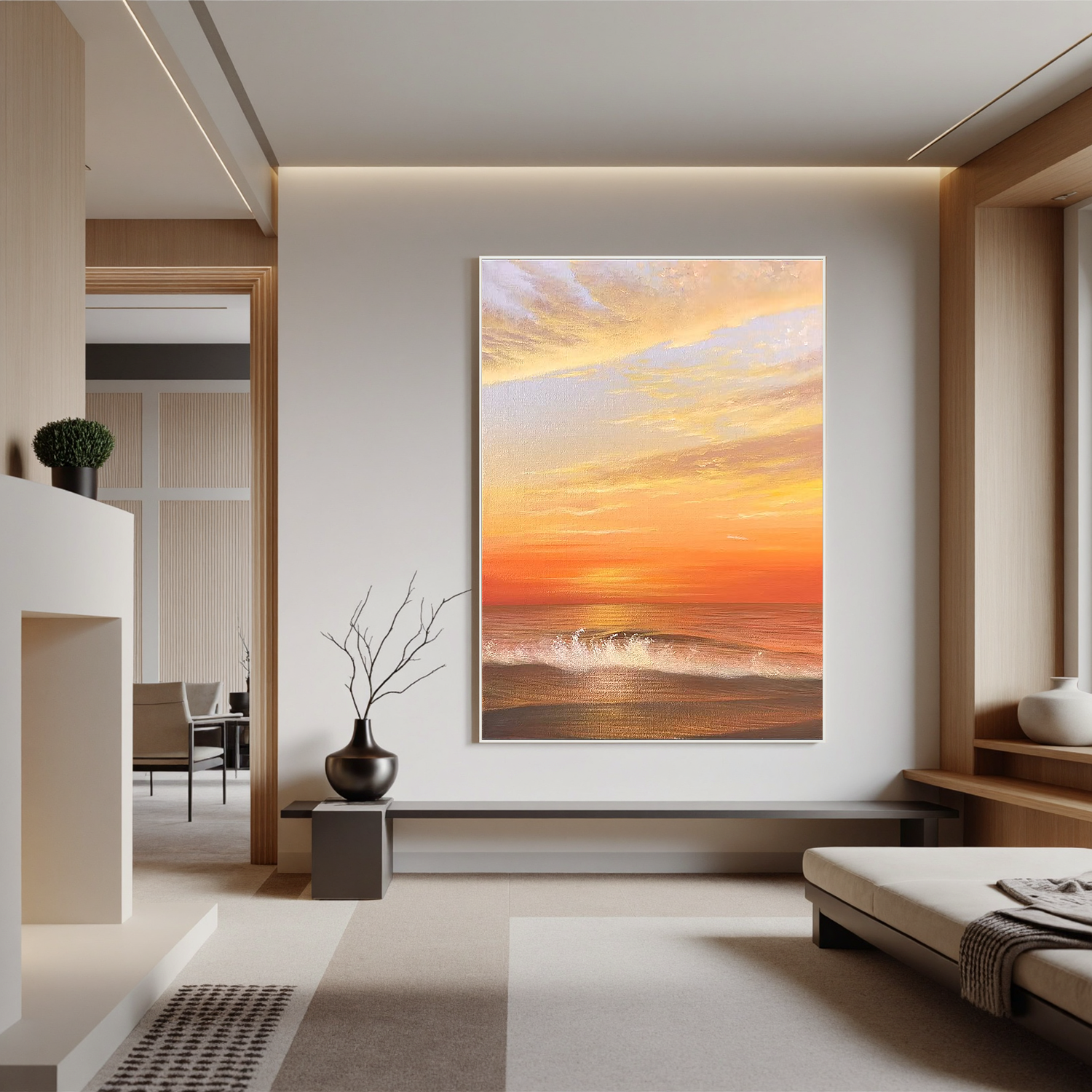 Golden Ocean Sunset Wall Art, Seascape Canvas Painting with Waves for Living Room and Bedroom Decor #OA 0775