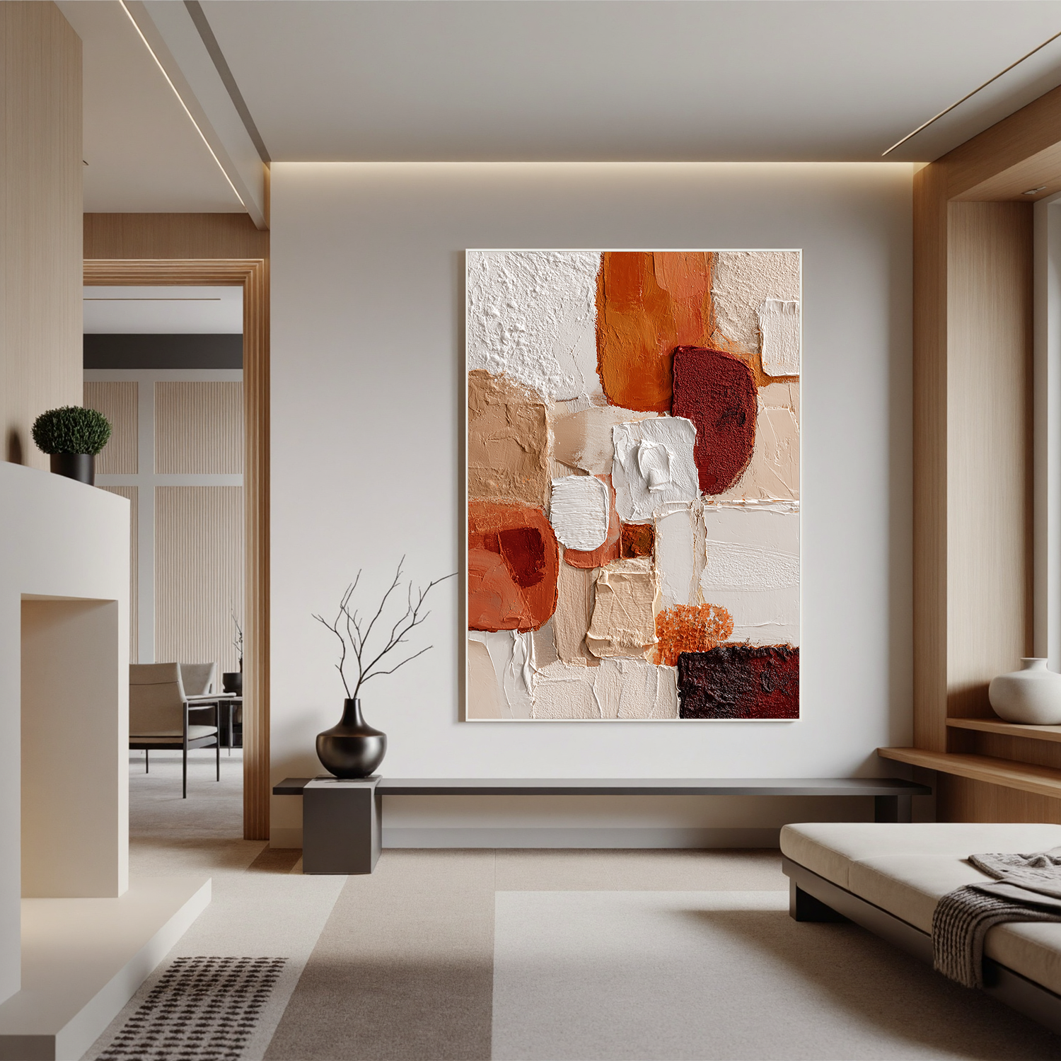 Large Vertical Abstract Canvas Wall Art – Earth Tone Textured Painting for Modern Living Room Decor#OA 0839