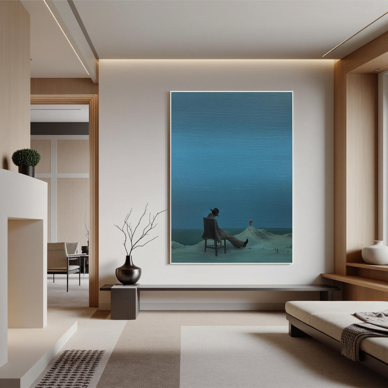 Surreal Minimalist Wall Art, Lonely Man with Red Flower Canvas Painting for Modern Living Room Decor #OA 0763