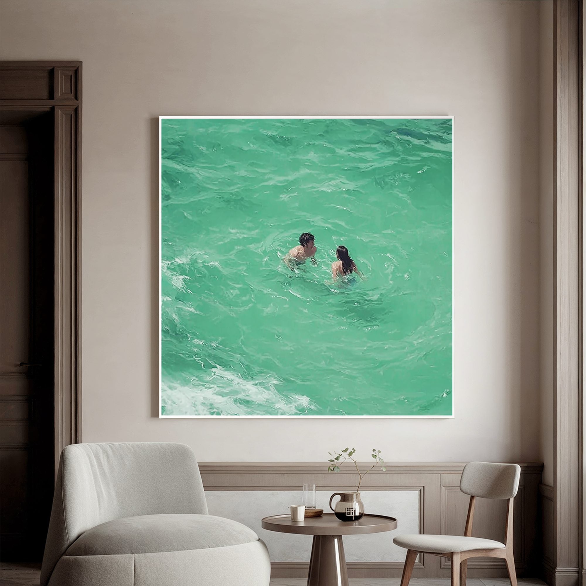 Romantic Couple Swimming in Turquoise Ocean Oil Painting | Coastal Wall Art for Modern Living Room #OA 0426