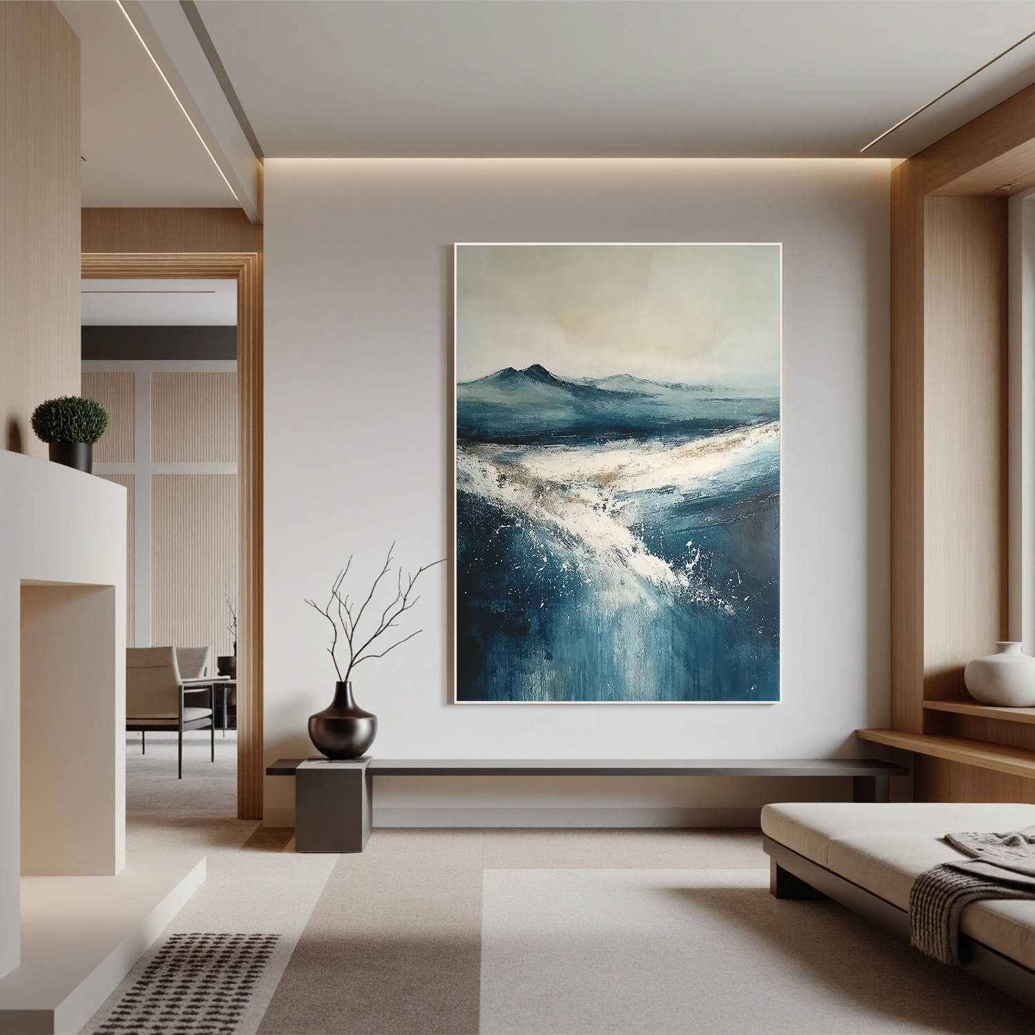 Blue Snowy Landscape Oil Painting, Abstract Coastal Mountain Wall Art for Living Room Decor #OA 0562