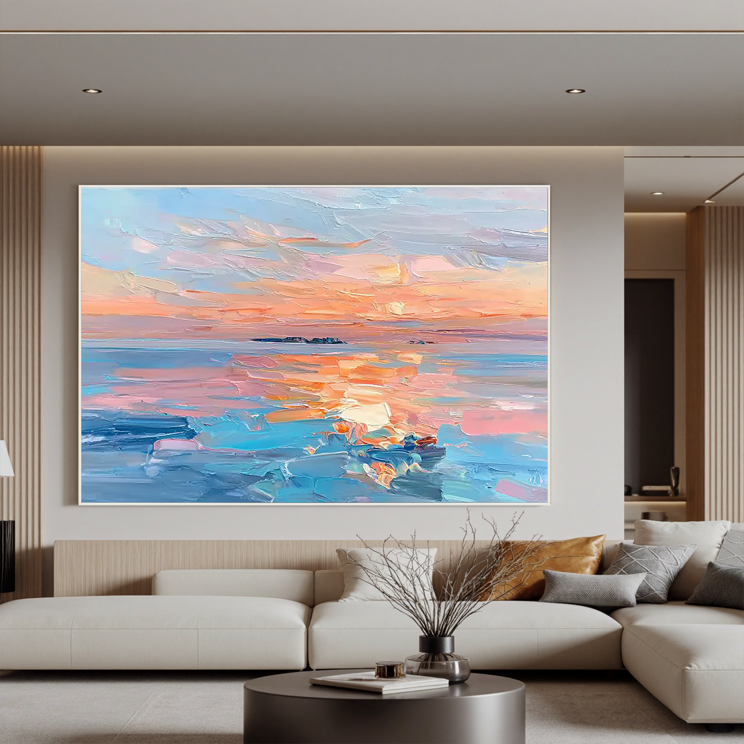 Abstract Sunset Seascape Oil Painting Canvas – Modern Ocean Wall Art for Living Room Coastal Home Decor #OA 0464