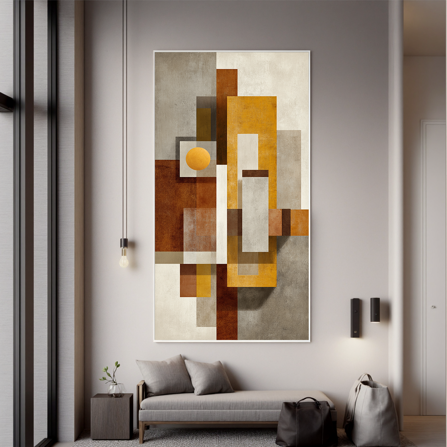 Mid Century Modern Geometric Abstract Canvas Wall Art – Vertical Neutral Beige Mustard Yellow Painting for Entryway Living Room Decor#OA 0867