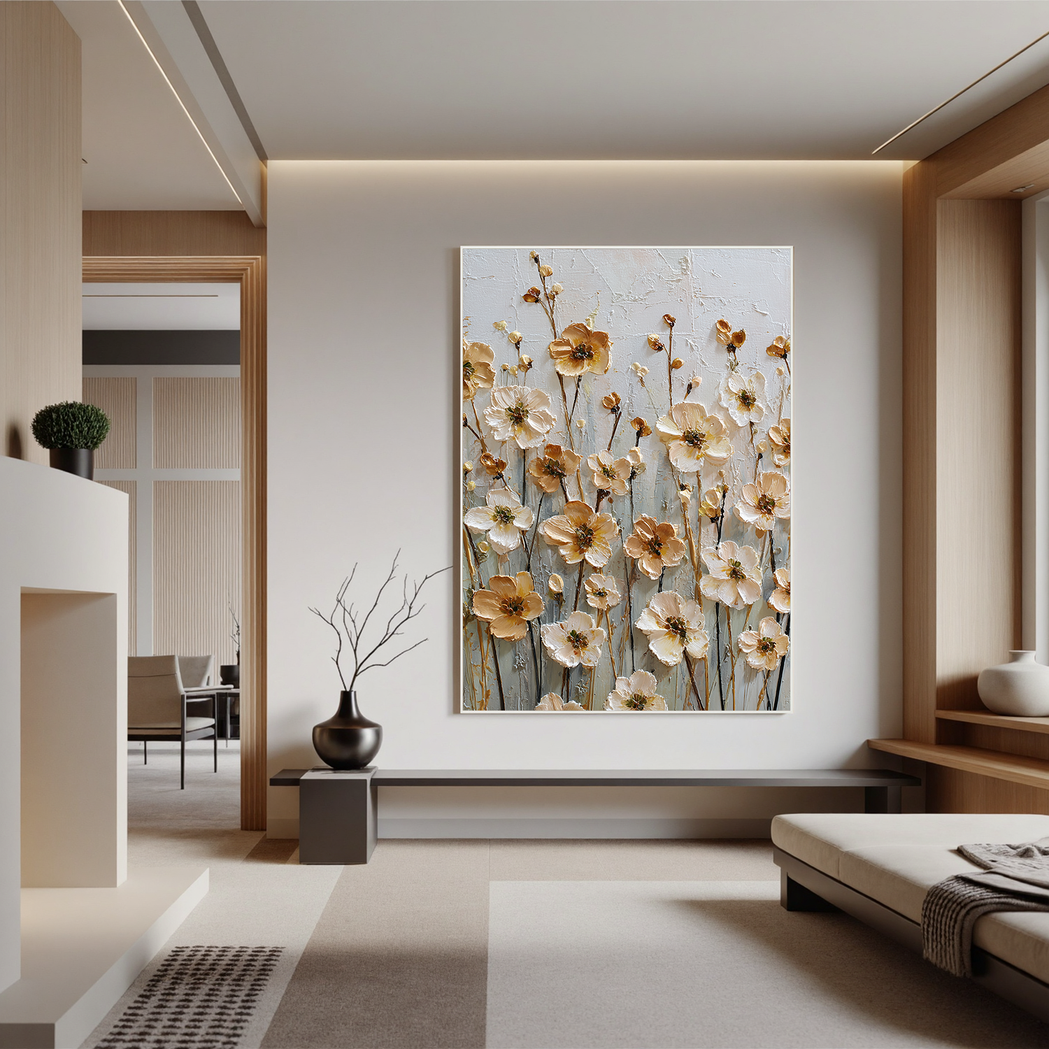 Vertical Floral Canvas Wall Art – Elegant Neutral Flower Painting for Bedroom & Modern Home Decor#OA 0846
