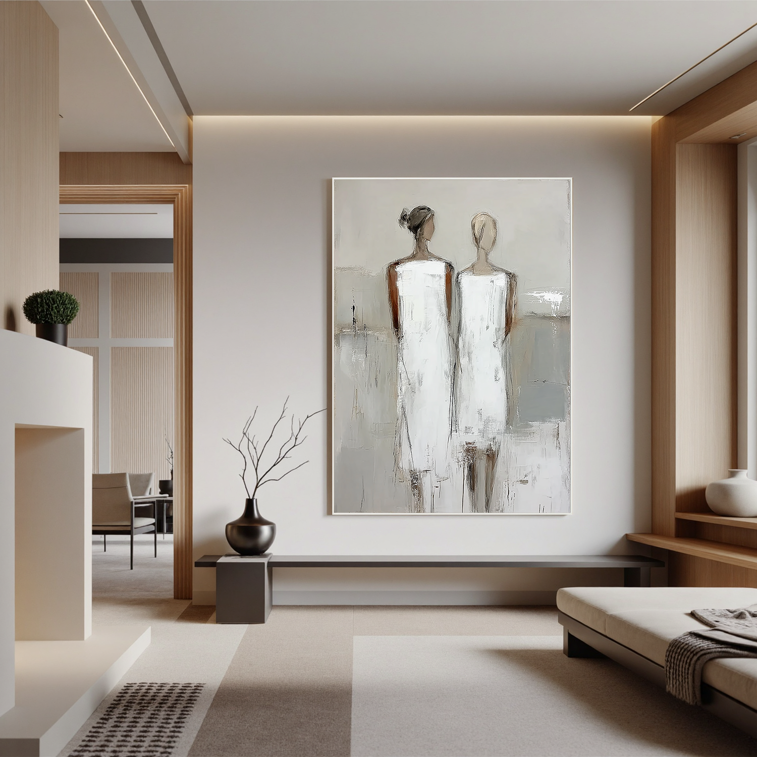 Neutral Abstract Figure Oil Painting, Minimalist Two Women Wall Art for Living Room Decor #OA 0522