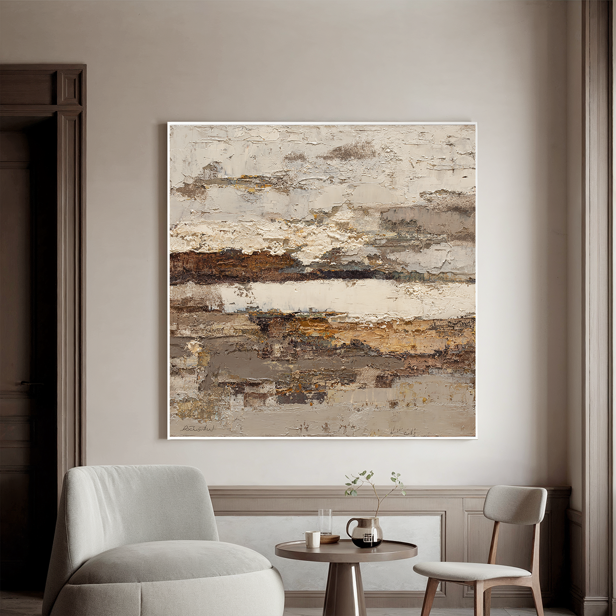 Large Horizontal Neutral Abstract Wall Art – Beige Brown Textured Canvas for Modern Living Room Decor#OA 0829