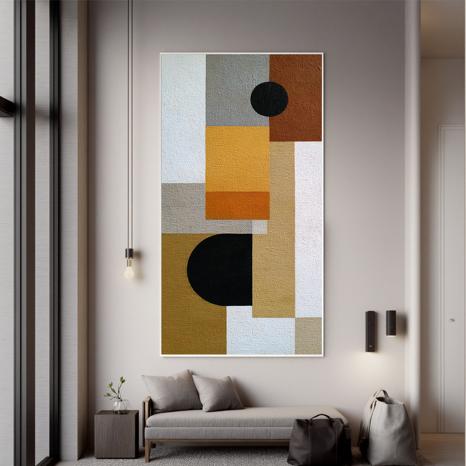 Mid Century Modern Geometric Abstract Canvas Wall Art – Neutral Beige and Mustard Yellow Vertical Painting for Living Room Decor#OA 0864