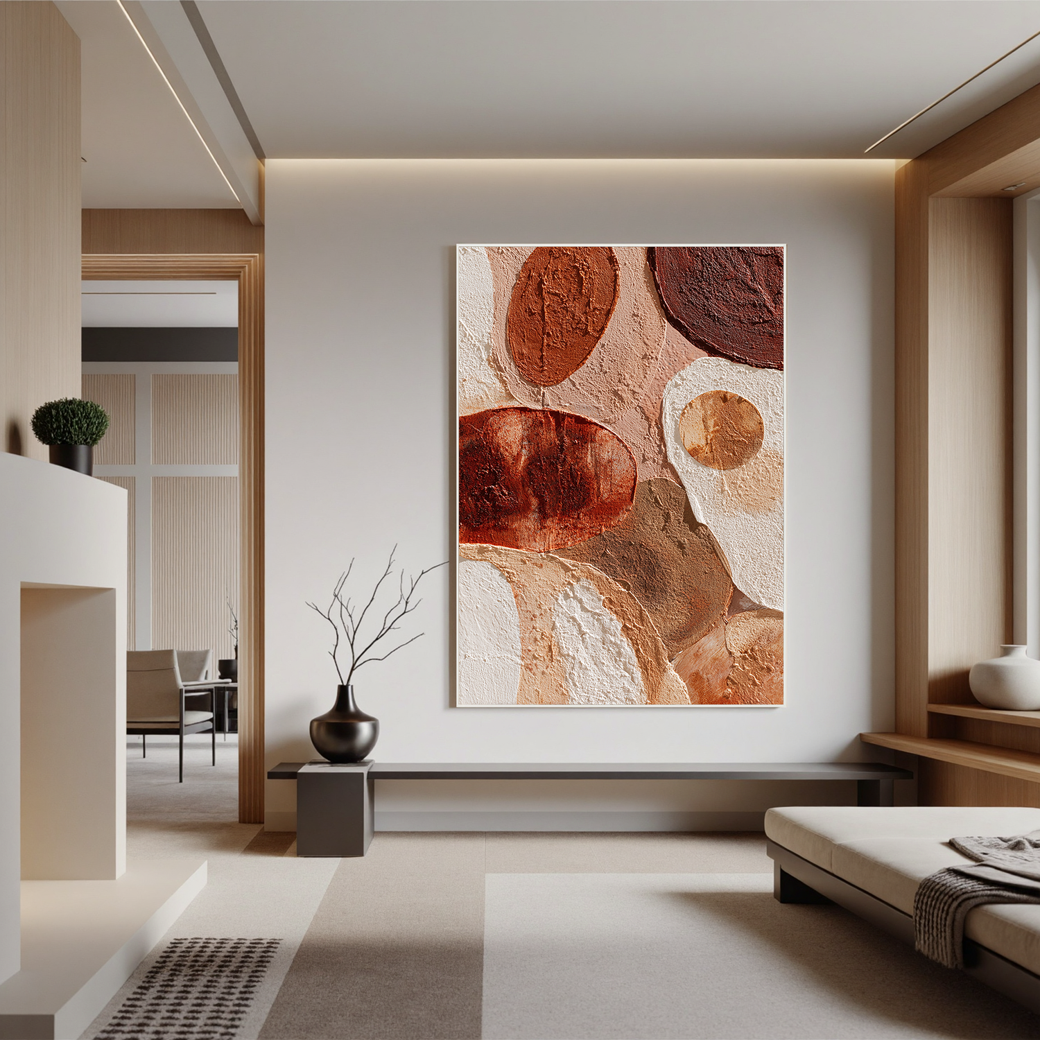 Large Vertical Abstract Circle Canvas Wall Art – Boho Earth Tone Textured Painting for Modern Home Decor#OA 0840