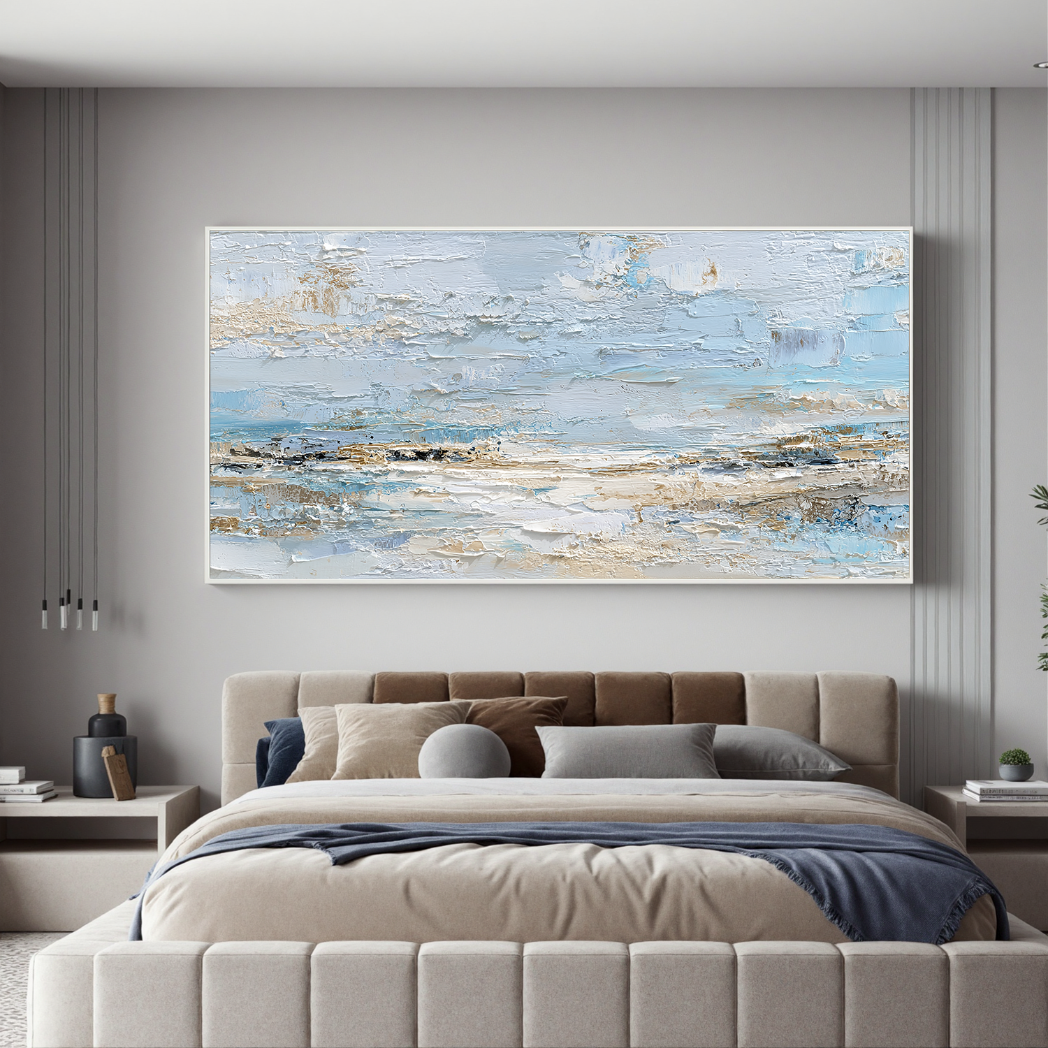 Large Abstract Coastal Canvas Wall Art – Soft Blue & Neutral Seascape Painting for Modern Living Room Decor#OA 0842