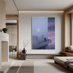 Surreal Minimalist Architecture Wall Art, Solitary Figure on Balcony with Pink Sky Canvas for Modern Living Room Decor #OA 0742