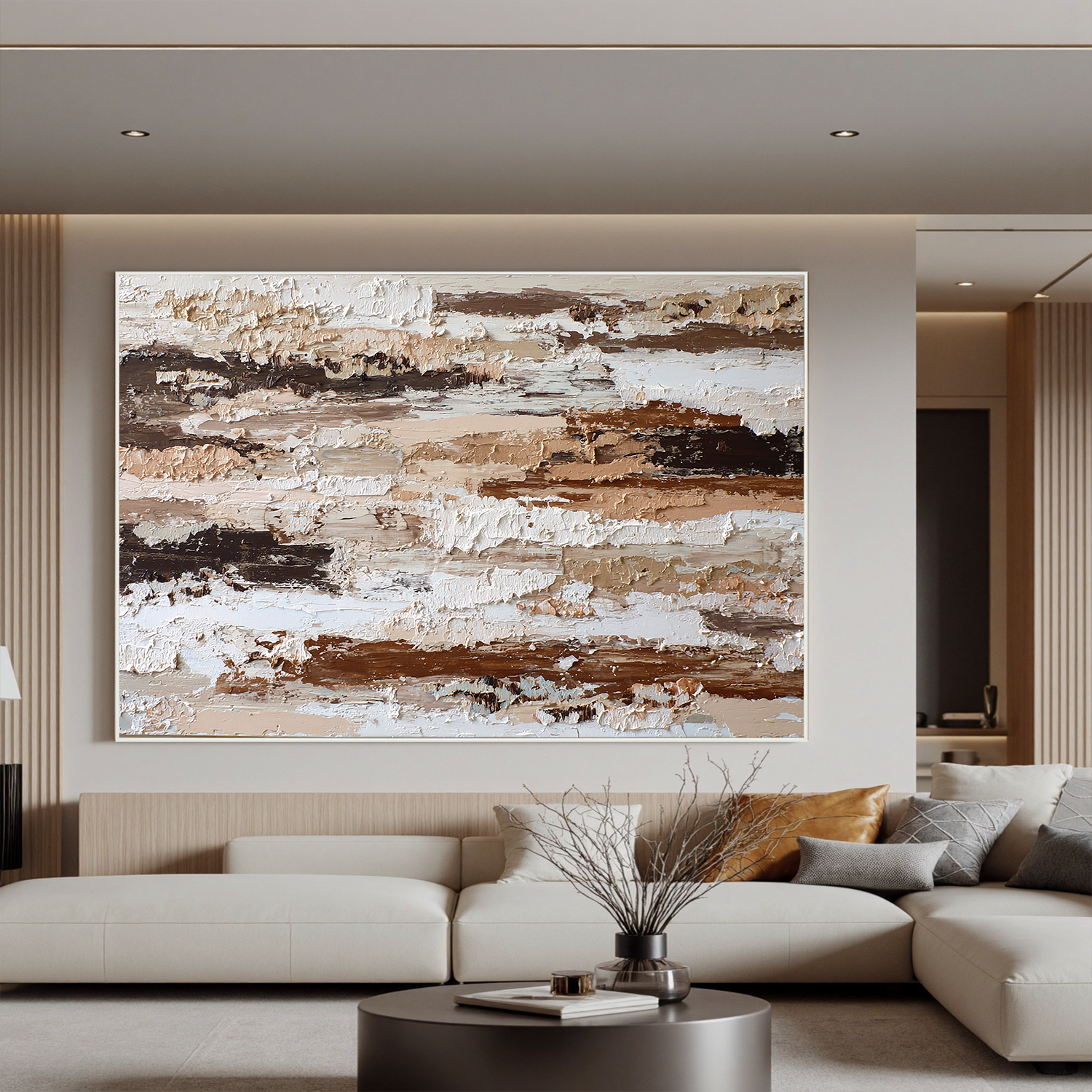 Large Horizontal Neutral Textured Wall Art – Brown and Beige Abstract Canvas for Modern Living Room Decor#OA 827