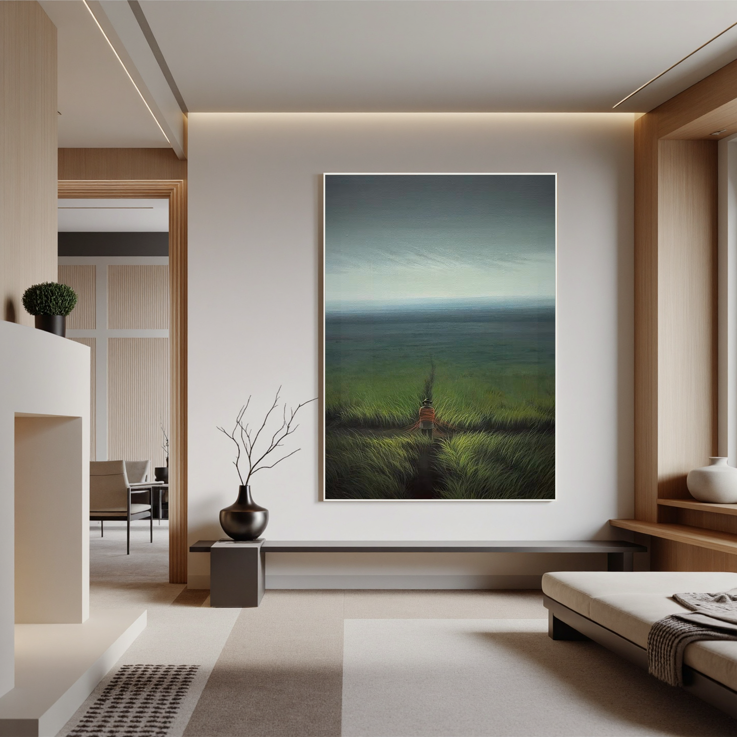 Lonely Figure Landscape Oil Painting, Misty Grassland Wall Art for Living Room Decor#OA 0623