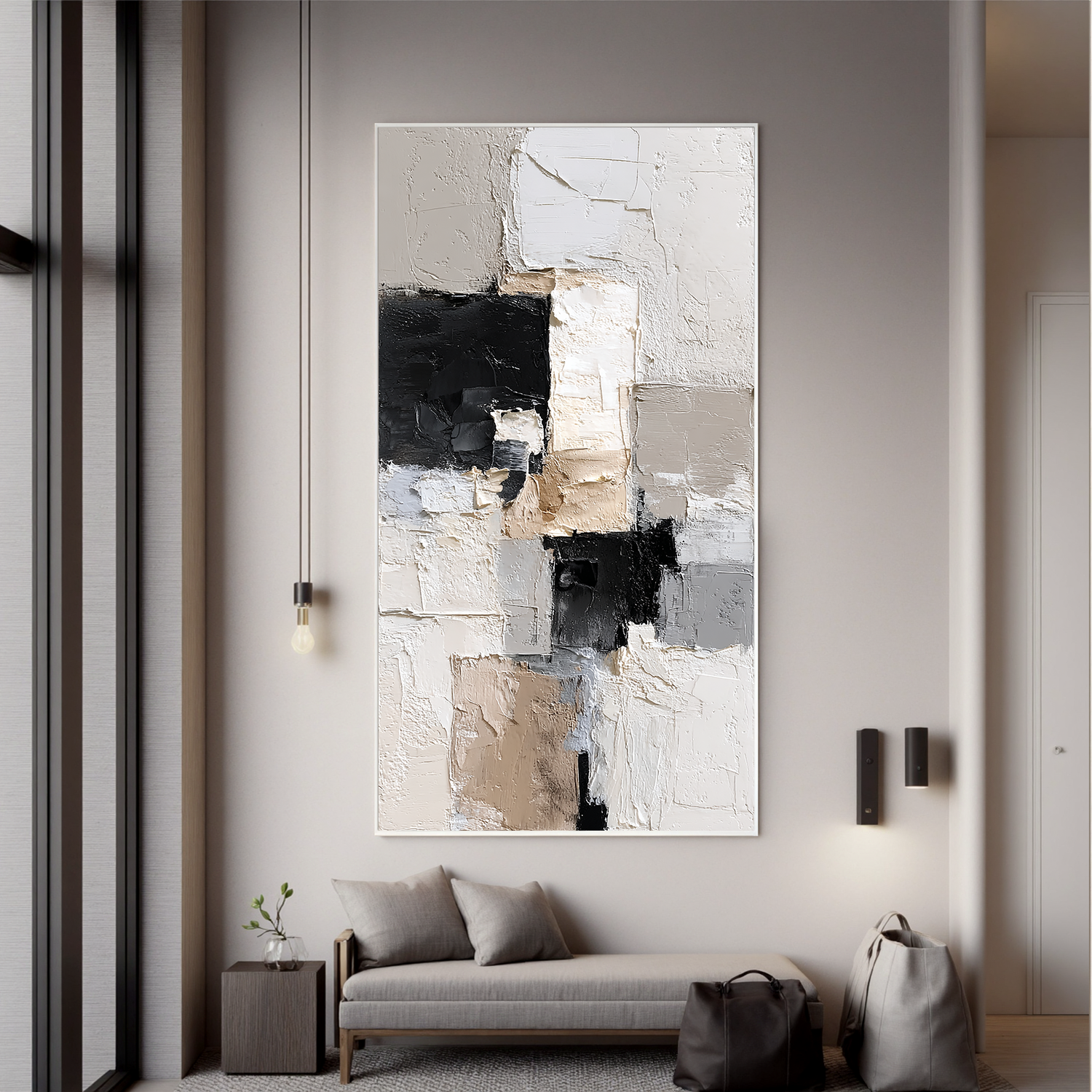 Vertical Neutral Abstract Canvas Wall Art – Textured Black White Beige Minimalist Painting for Modern Home Decor#OA 0876