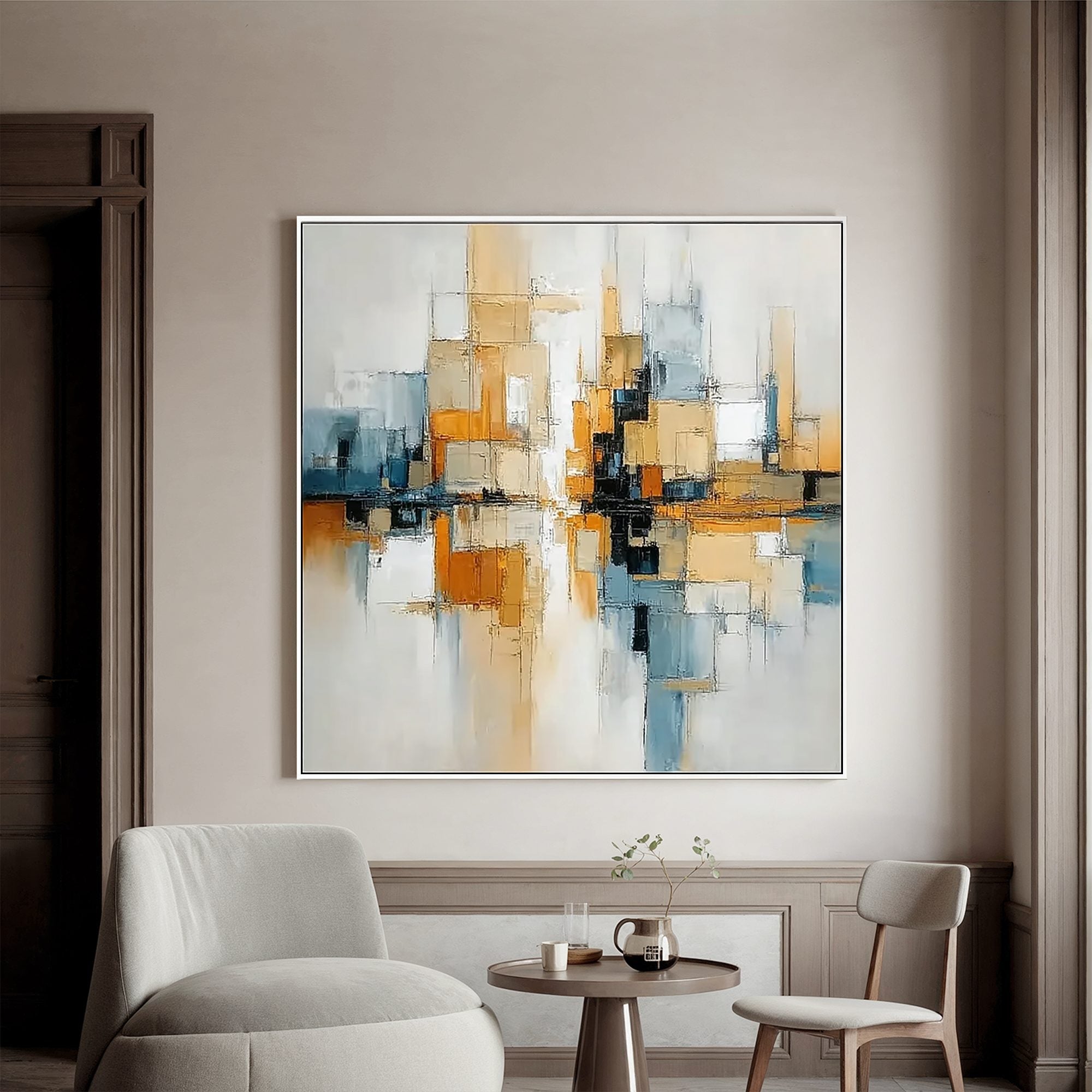 Modern Geometric Abstract Wall Art, Gold and Blue Cityscape Canvas Painting for Living Room Décor #OA 0405