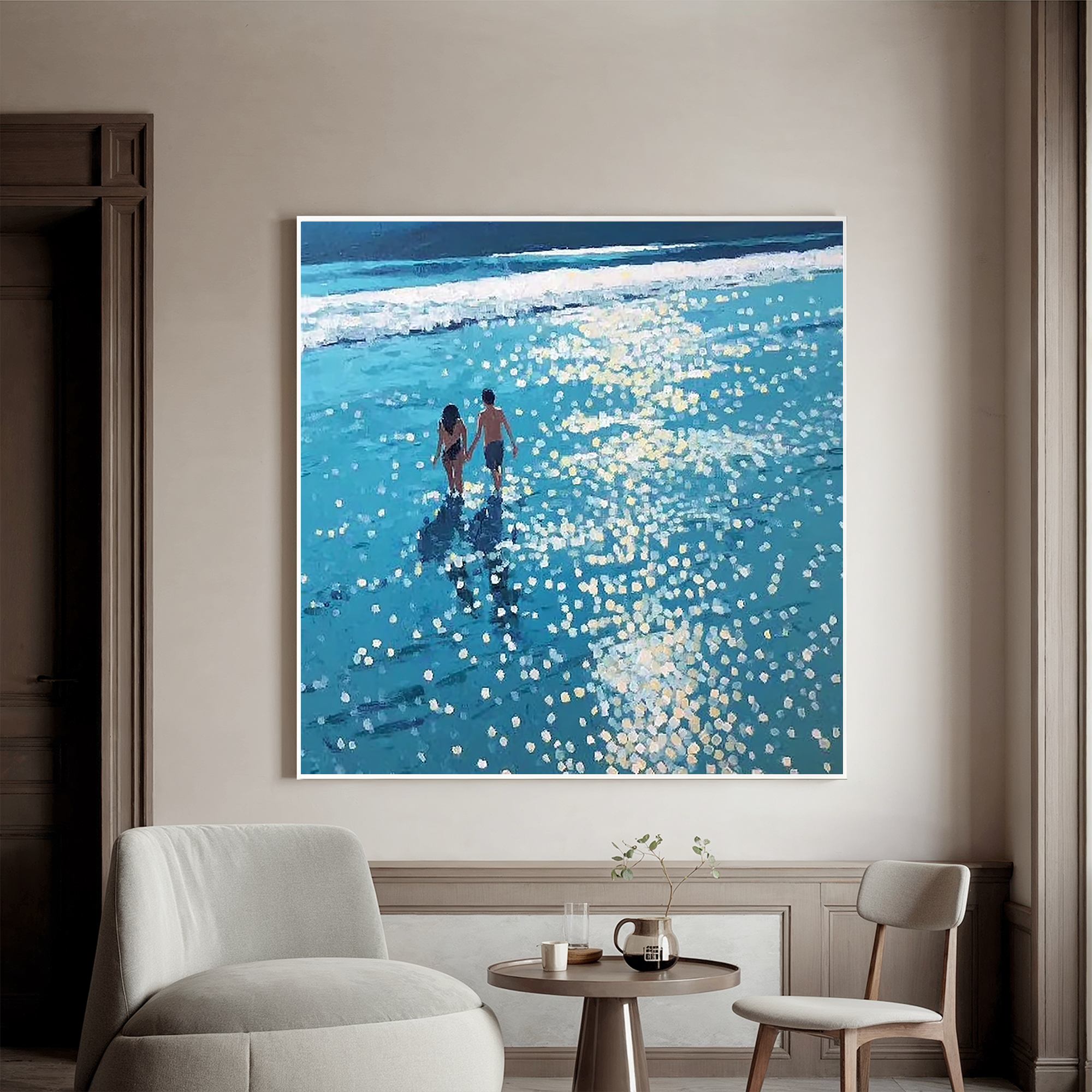 Romantic Beach Couple Wall Art, Blue Ocean Canvas Painting with Sunlight Reflection for Living Room Décor #OA 0423