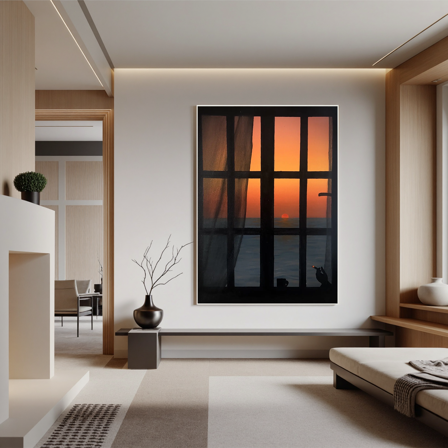 Ocean Sunset Window View Wall Art, Silhouette Interior Scene Canvas, Romantic Seascape Painting for Living Room Decor #OA 0756