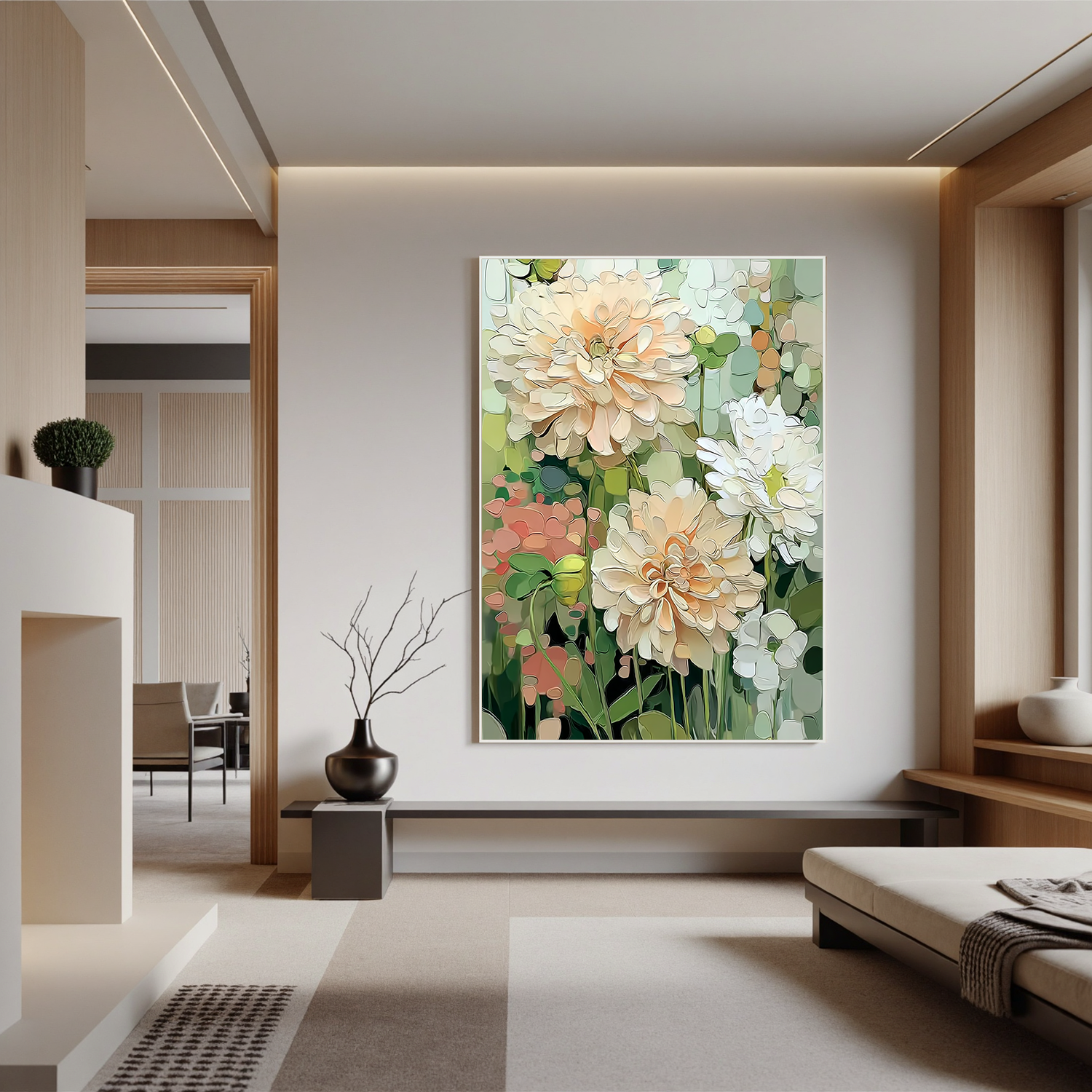 Soft Floral Oil Painting, Neutral Garden Flower Wall Art for Living Room Decor#OA 0523