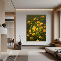 Yellow Rose Oil Painting, Dark Green Floral Wall Art for Living Room Decor#OA 0616