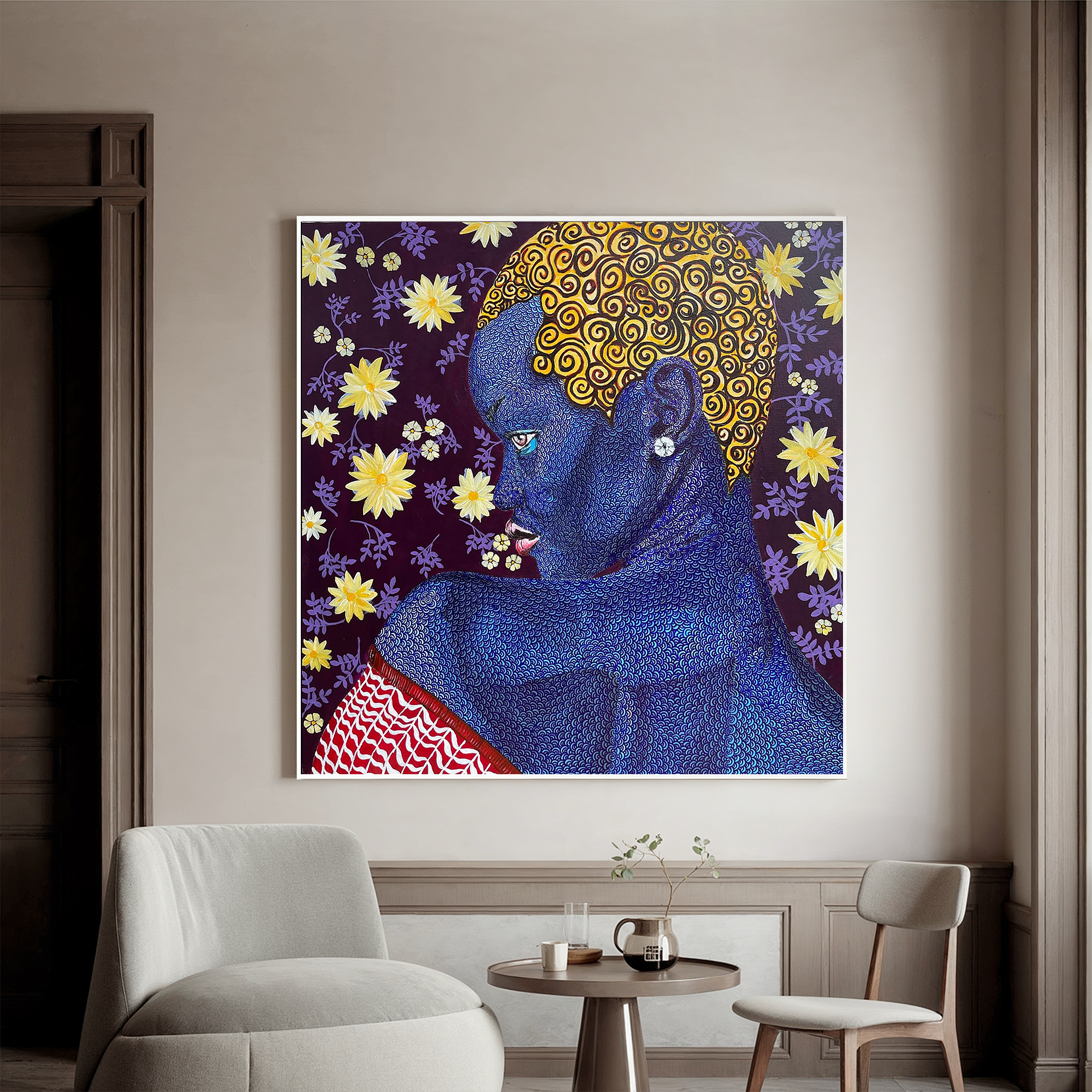 Blue Woman Portrait Oil Painting, African Inspired Figurative Wall Art for Living Room Decor#OA 0610