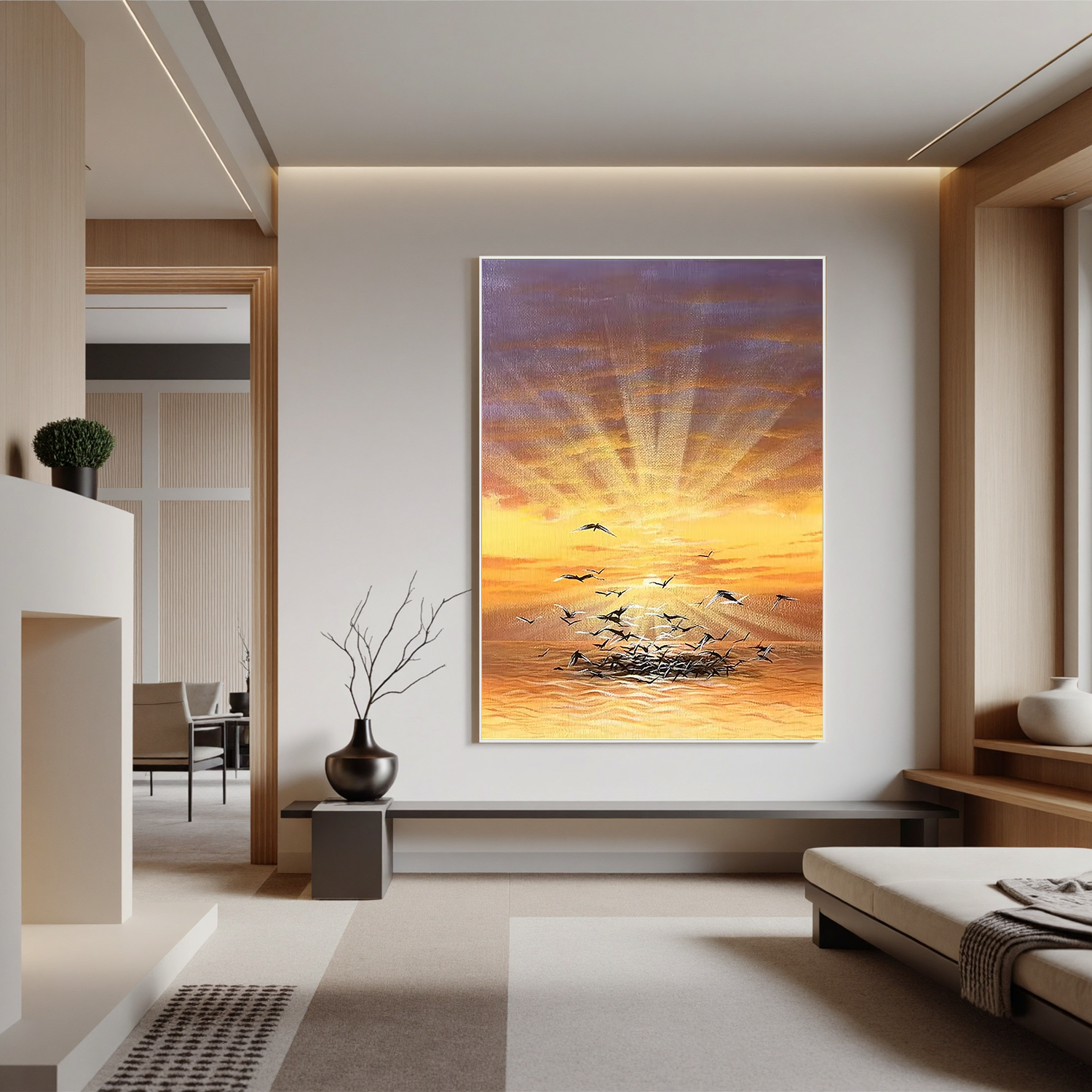 Golden Ocean Sunrise Wall Art with Flying Seagulls, Serene Coastal Landscape Canvas Painting for Living Room Decor #OA 0789