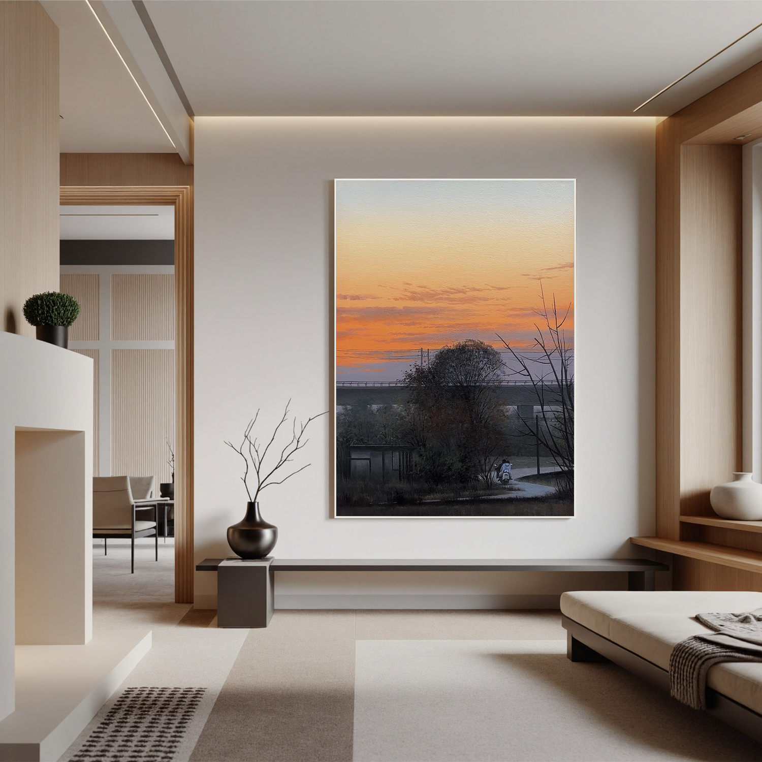 Countryside Sunset Landscape Wall Art with Bridge and Figure, Serene Nature Canvas Painting for Living Room Decor #OA 0757