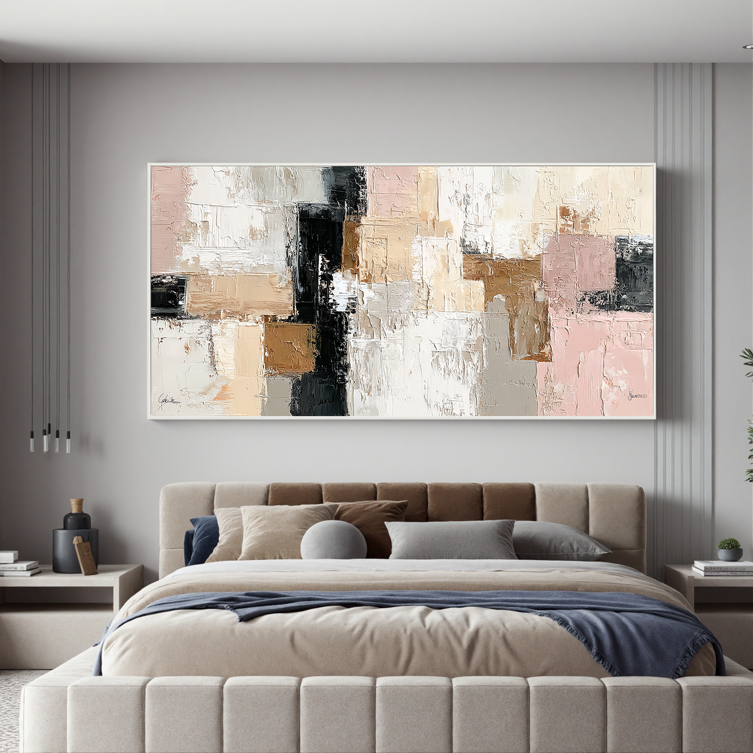 Large Neutral Abstract Canvas Wall Art – Textured Beige Blush Pink Painting for Modern Living Room Decor#OA 0873