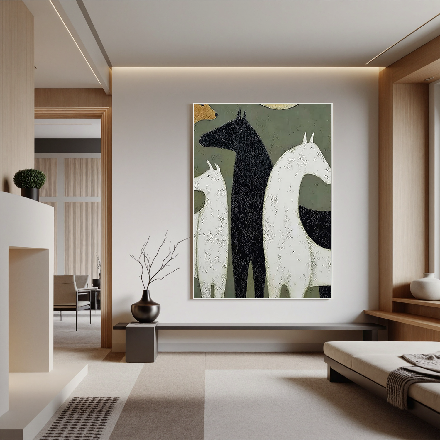 Minimalist Horse Oil Painting, Modern Black and White Equine Wall Art for Living Room Decor#OA 0545