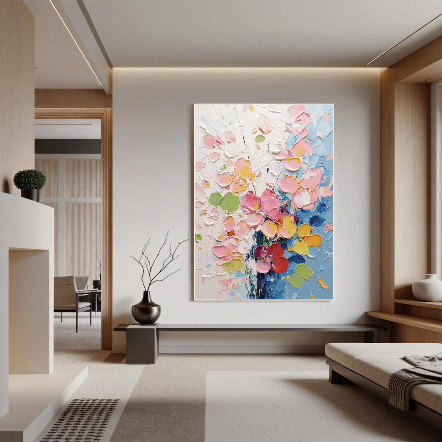 extured Floral Oil Painting, Pastel Flower Wall Art for Living Room Decor #OA 0532