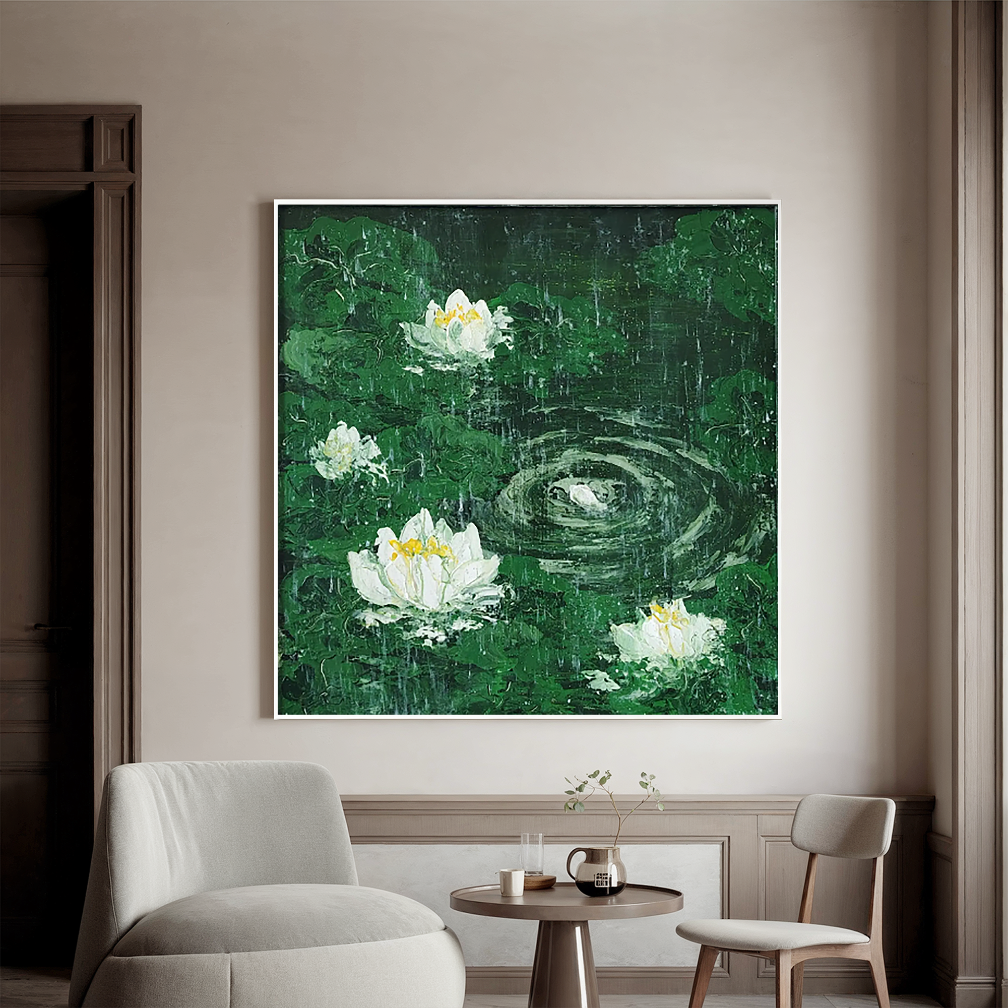 White Lotus Oil Painting, Green Rain Pond Floral Wall Art for Living Room Decor#OA 0606
