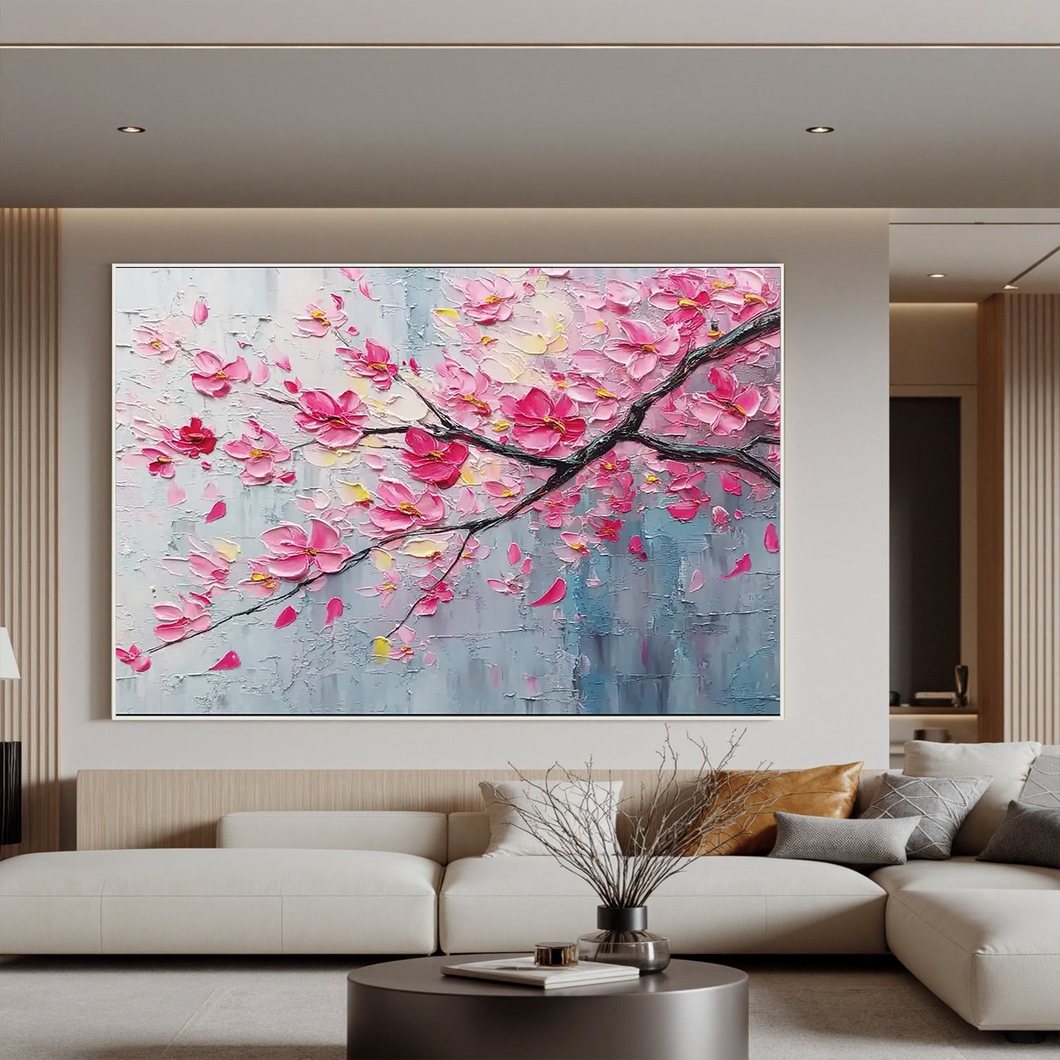 Cherry Blossom Branch Wall Art, Pink Textured Floral Canvas Painting for Living Room Décor #OA 0420