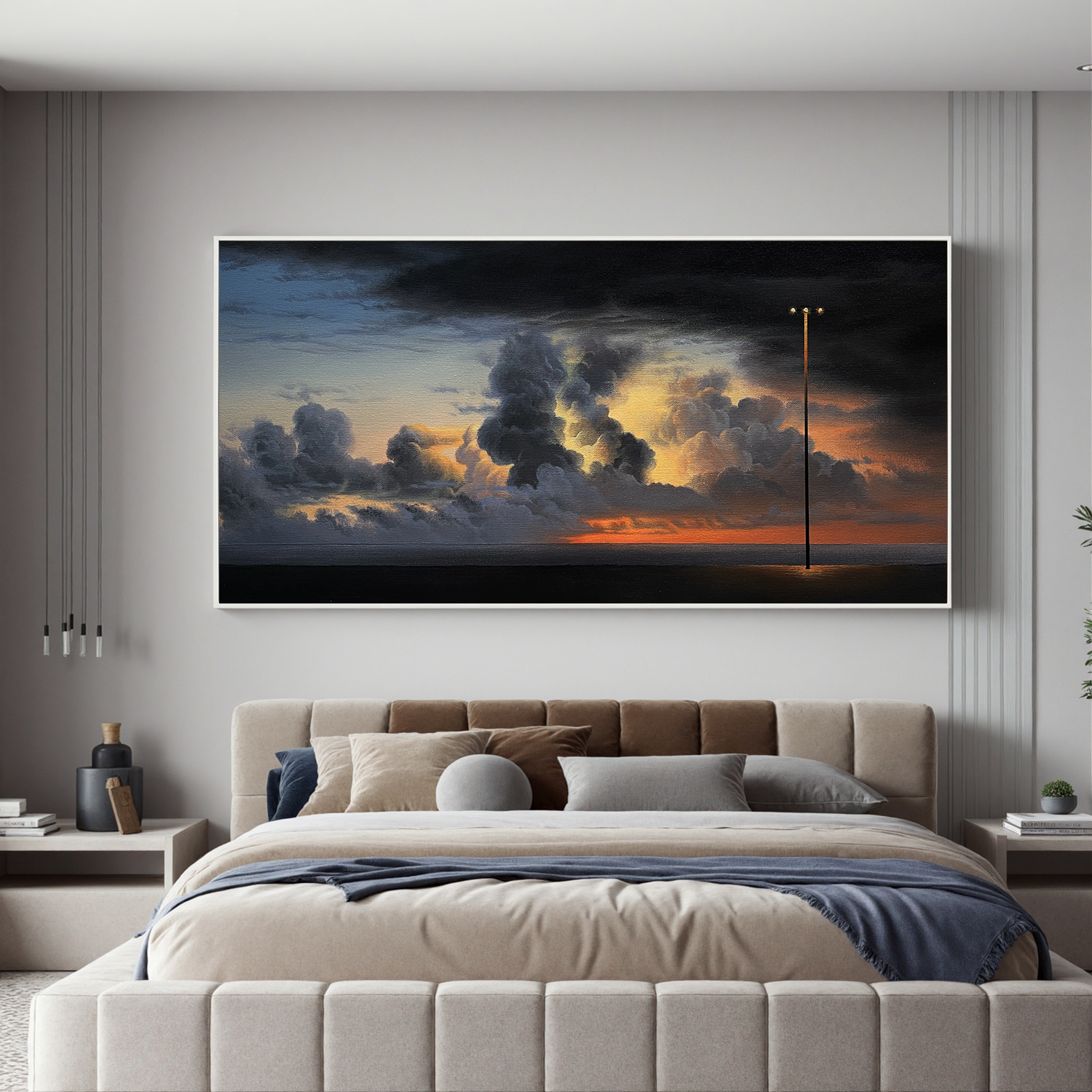Dramatic Sunset Seascape Wall Art with Lone Streetlight, Panoramic Moody Cloud Landscape Canvas for Living Room Decor #OA 0734