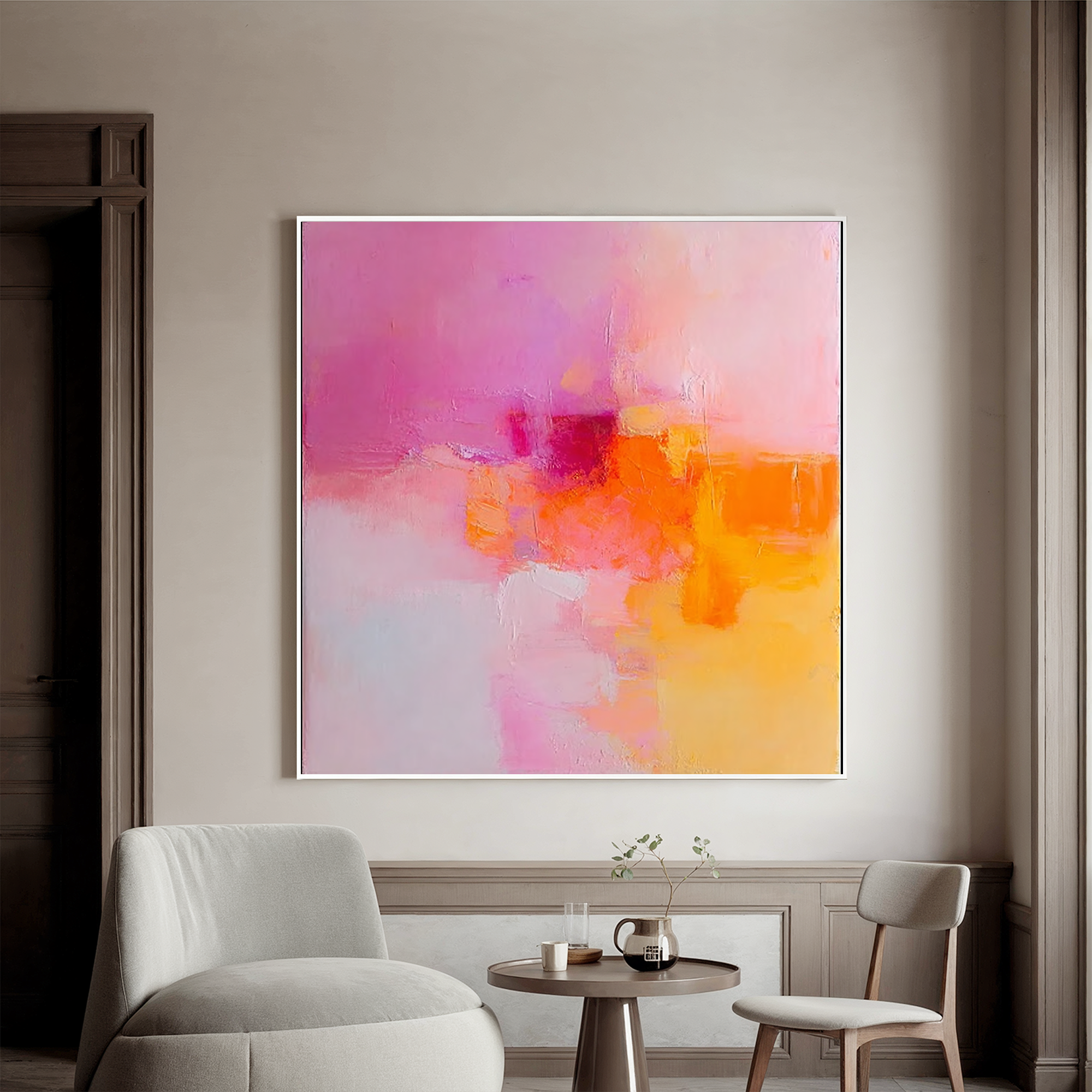 Abstract Pink Orange Oil Painting Canvas – Soft Minimalist Wall Art for Living Room Modern Home Decor#OA 0490