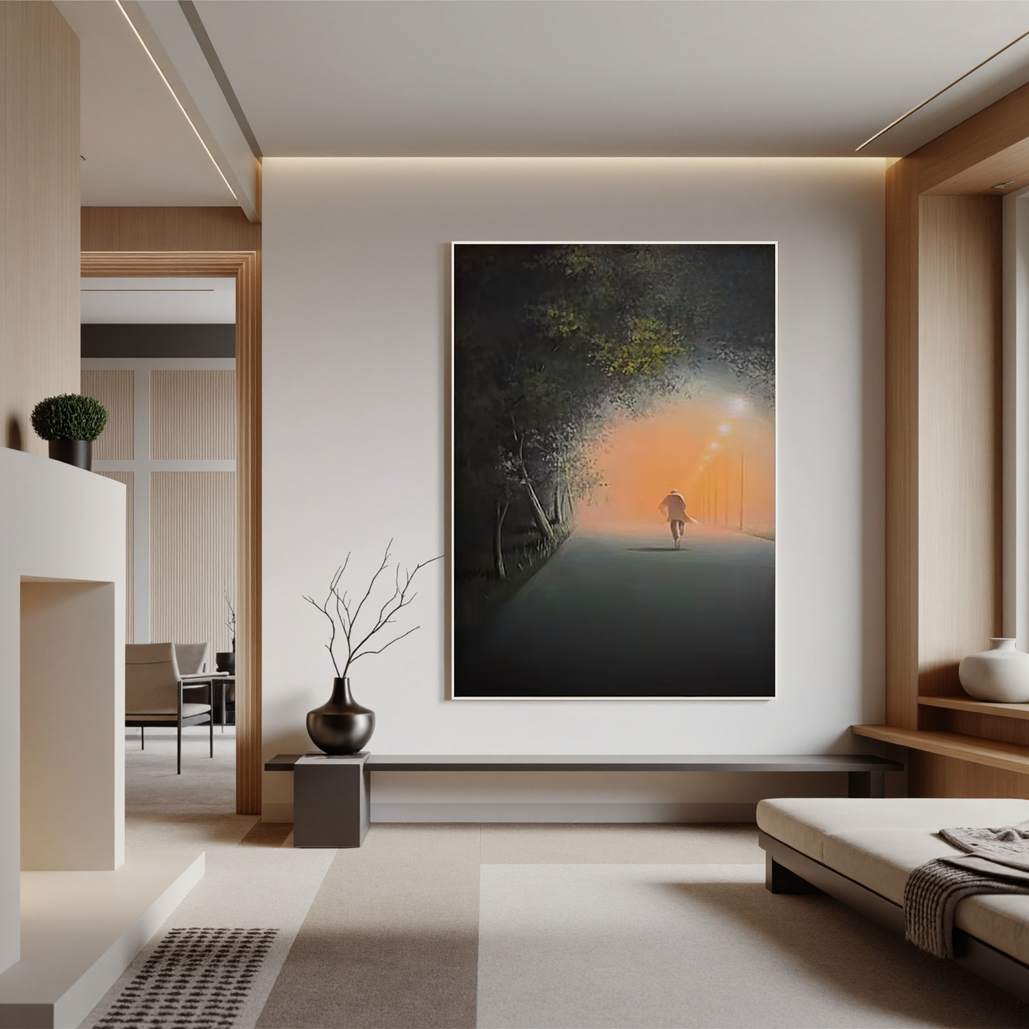 Moody Foggy Street Wall Art, Solitary Figure Walking Under Streetlights Canvas Painting for Modern Home Decor #OA 0767