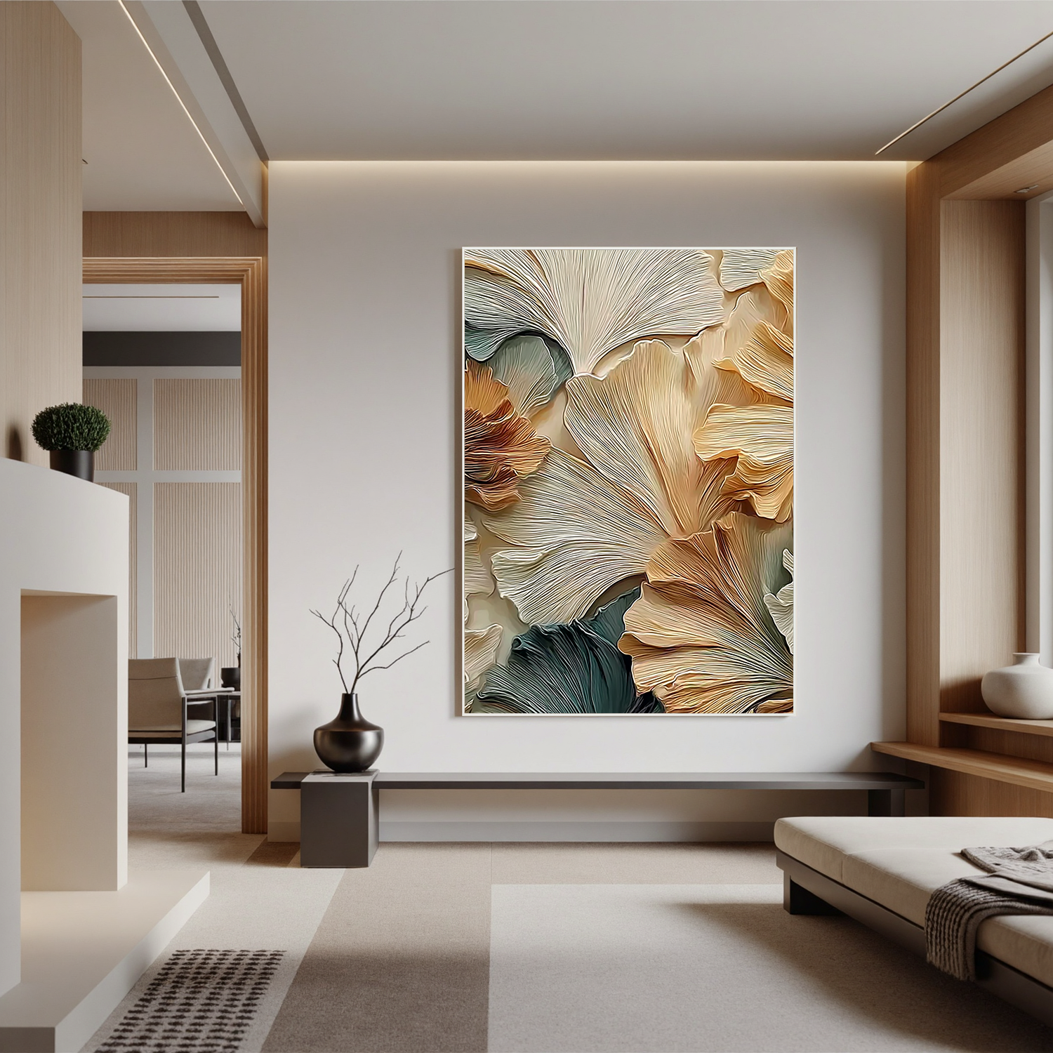 Textured Botanical Oil Painting, Abstract Golden Leaf Wall Art for Living Room Decor#OA 0544