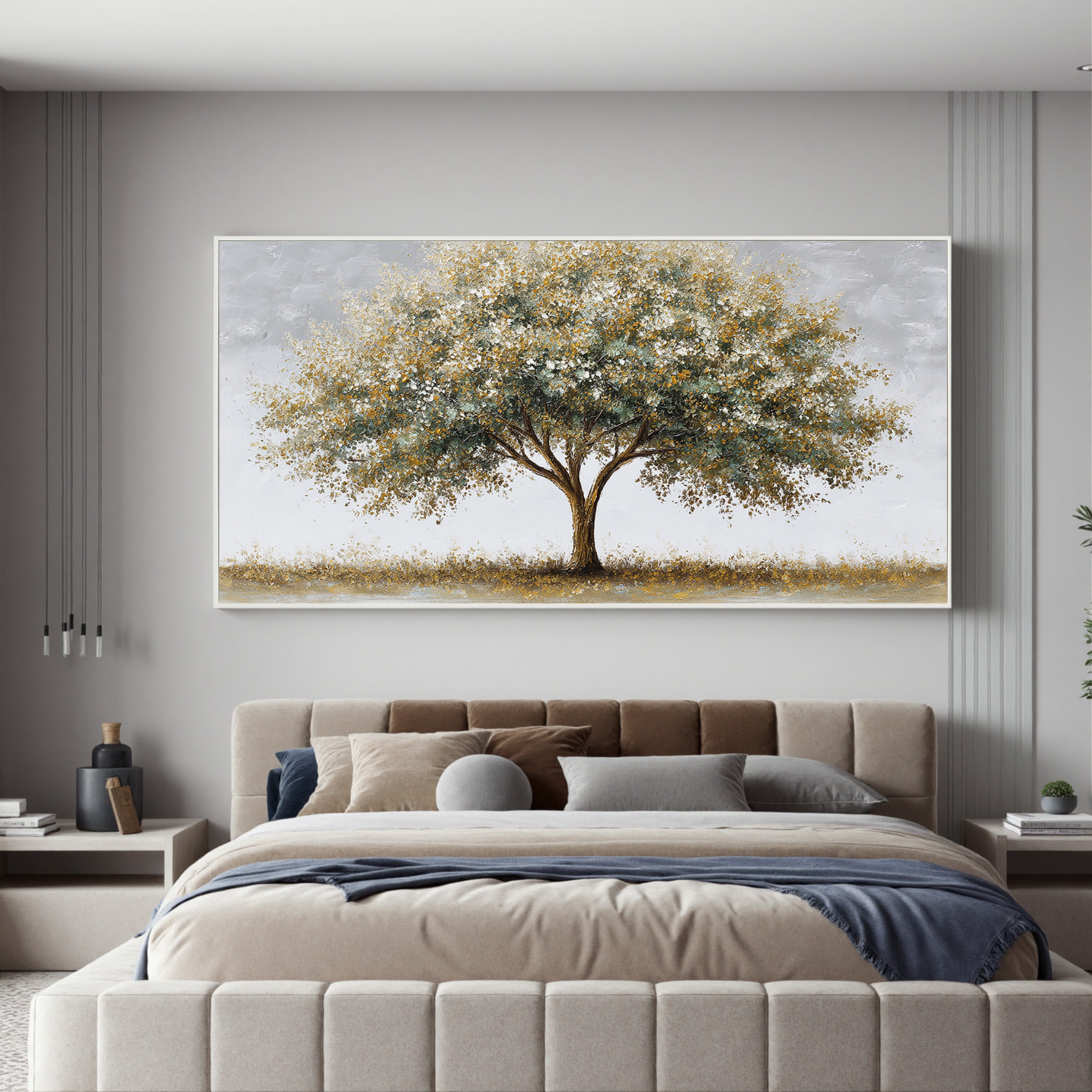 Golden Tree Canvas Wall Art – Minimalist Nature Painting for Modern Living Room Decor#OA 0851