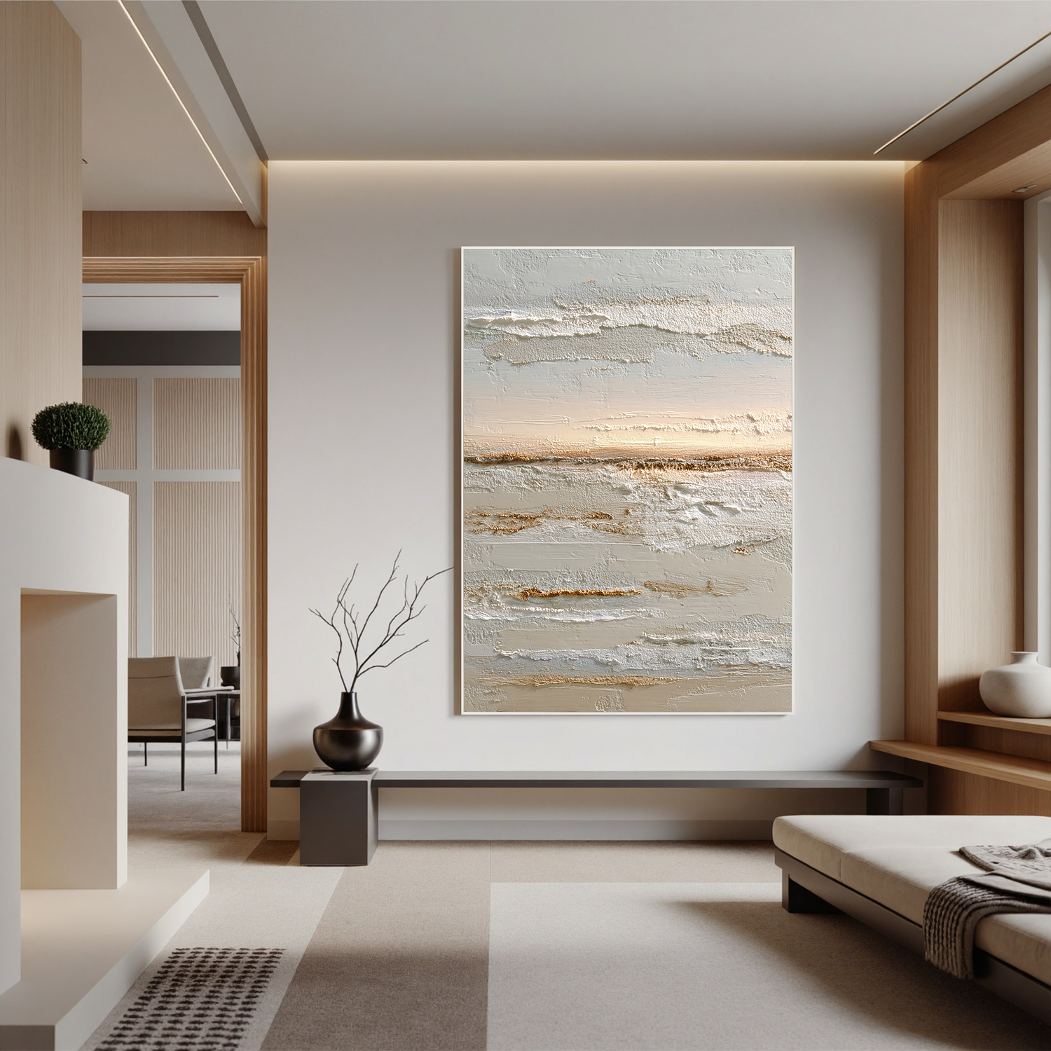 Neutral Abstract Landscape Canvas Wall Art – Textured Cream and Beige Minimalist Painting for Living Room Decor#OA 0858