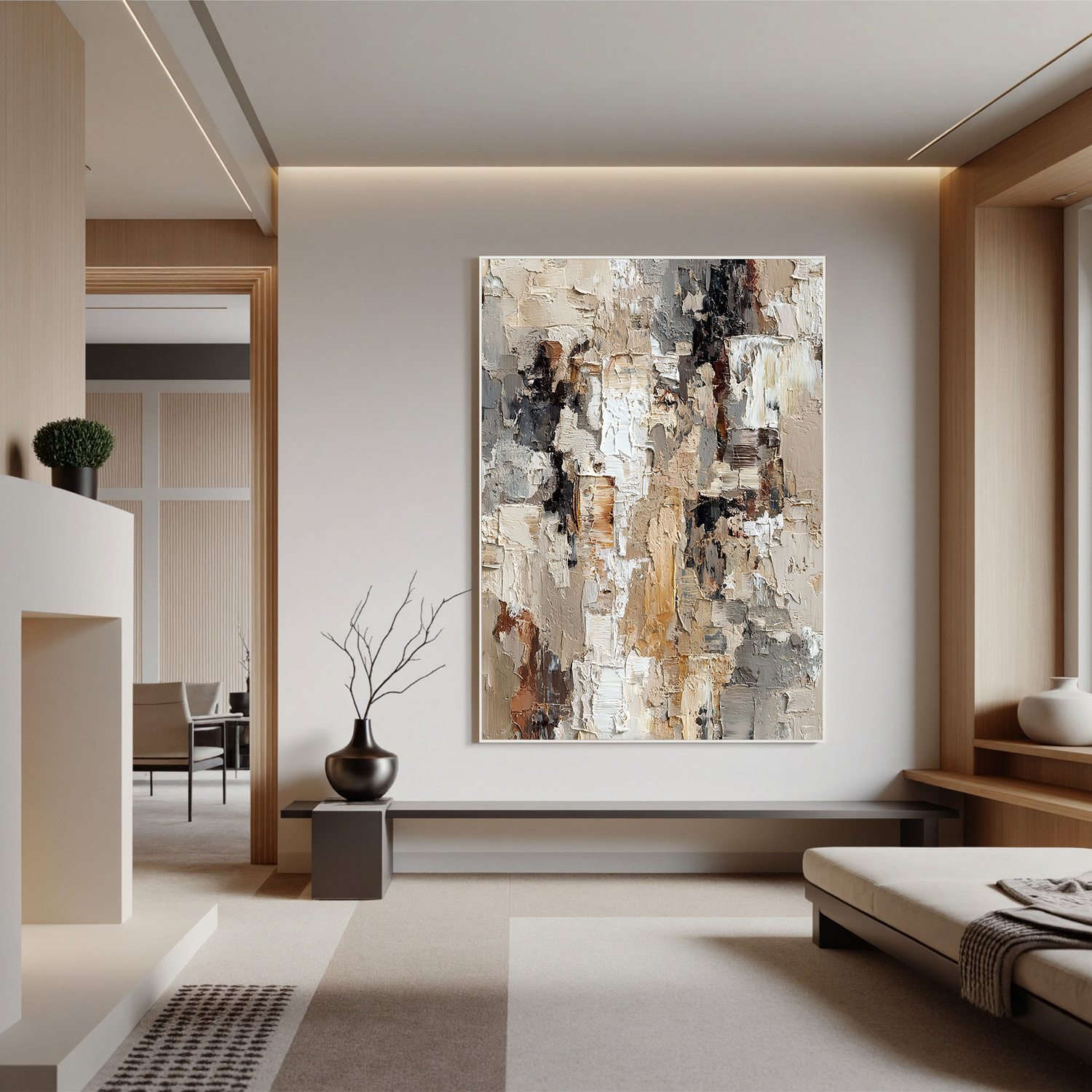 “Neutral Textured Abstract Wall Art – Beige Gray Modern Canvas Painting for Living Room Decor”#OA 825