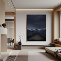 Moody Mountain Road Wall Art, Dark Snowy Peaks Landscape Canvas Painting for Modern Living Room Decor #OA 0744