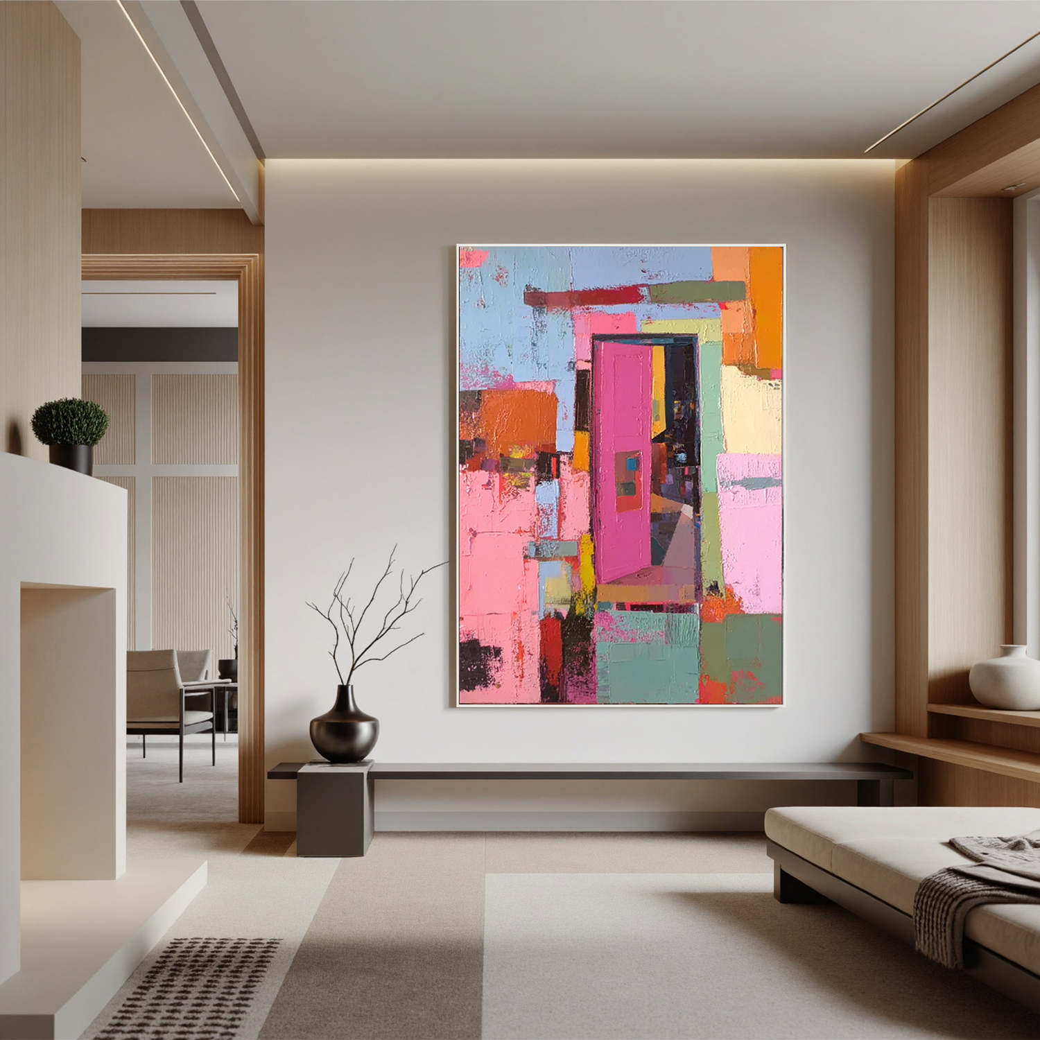 Colorful Door Oil Painting, Abstract Pink Door Wall Art for Living Room Decor#OA 0513