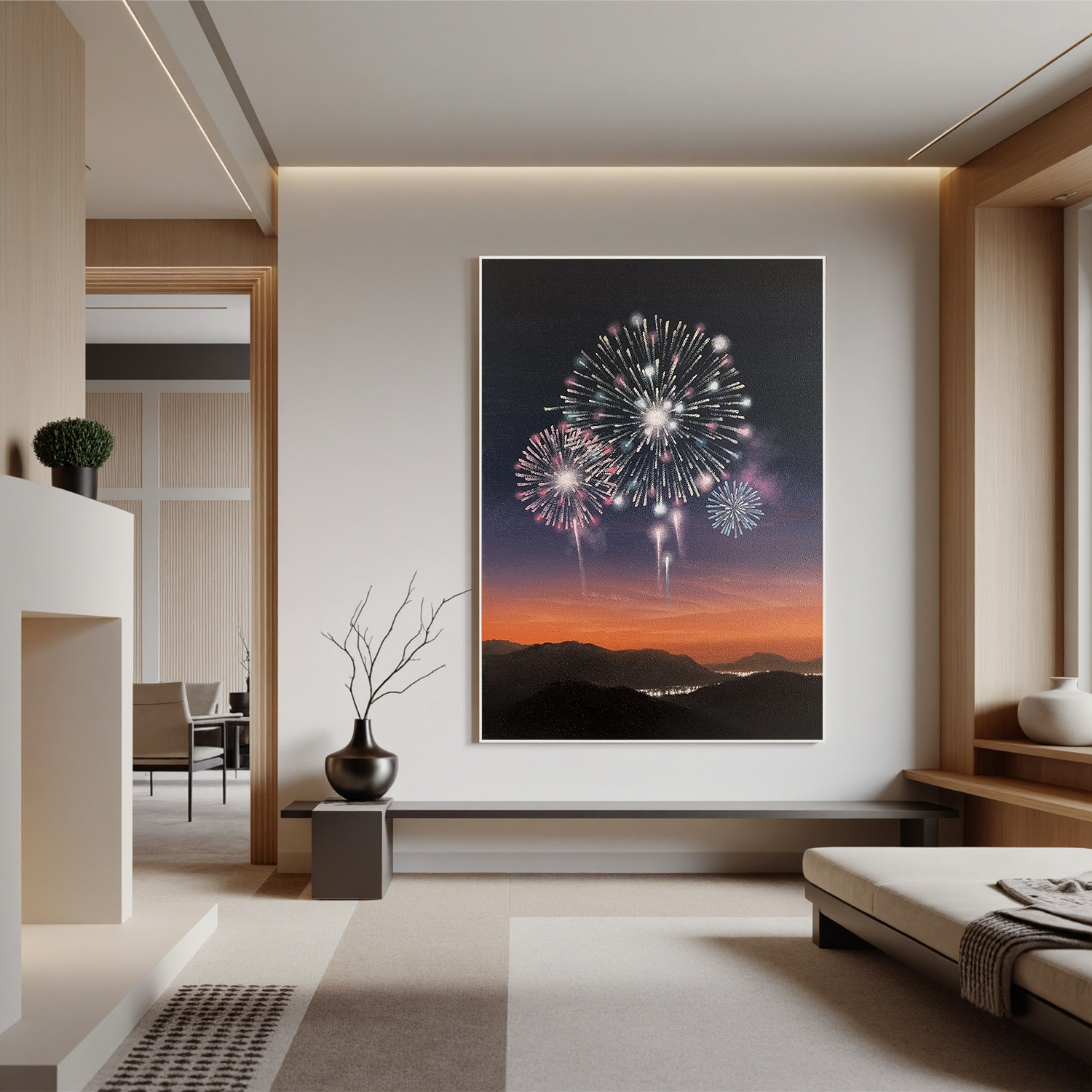 Fireworks Over Mountain Sunset Wall Art, Celebration Night Sky Canvas Painting for Living Room Decor #OA 0758