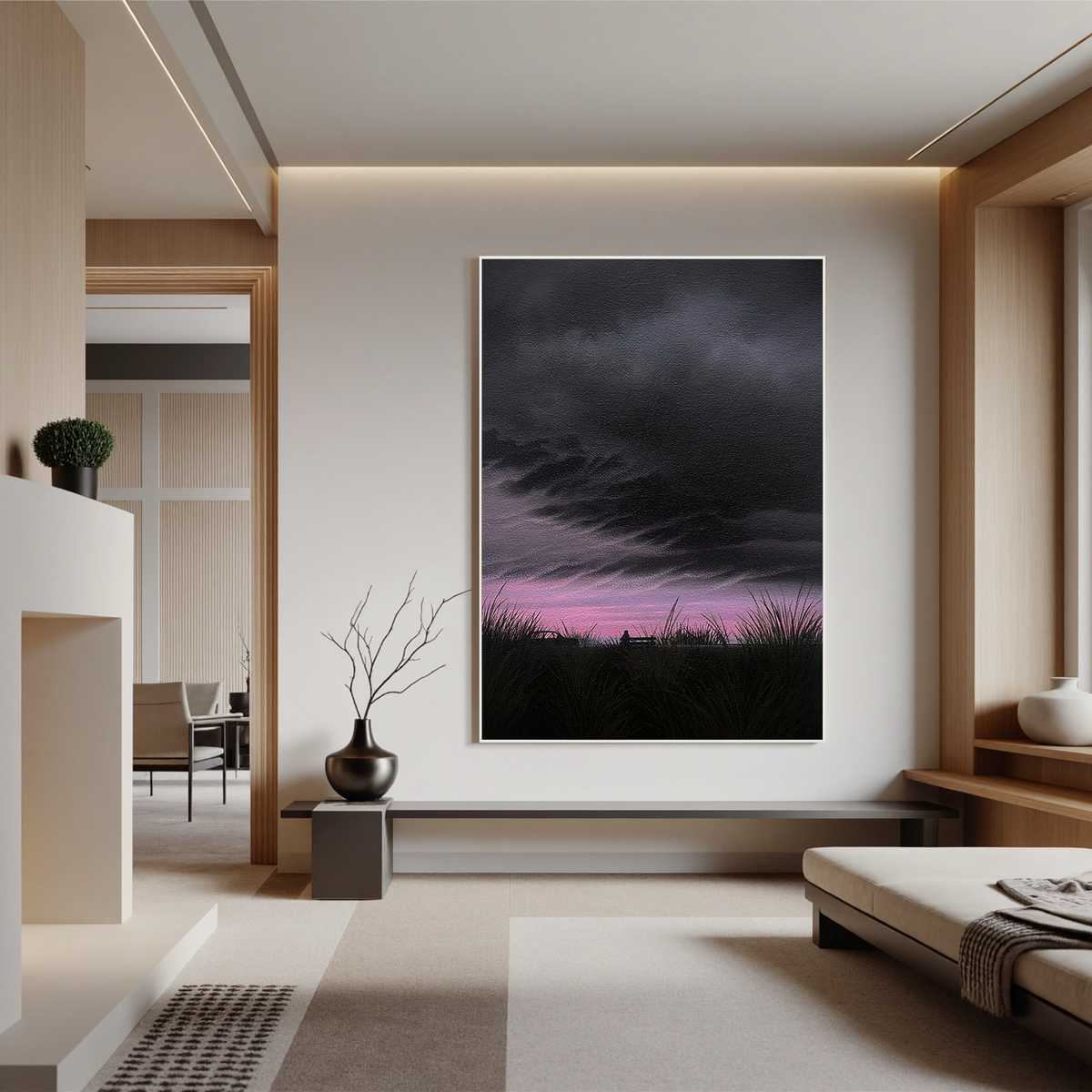 Moody Sunset Landscape Wall Art with Lone Figure on Bench, Dramatic Cloud Sky Canvas for Living Room Decor #OA 0743
