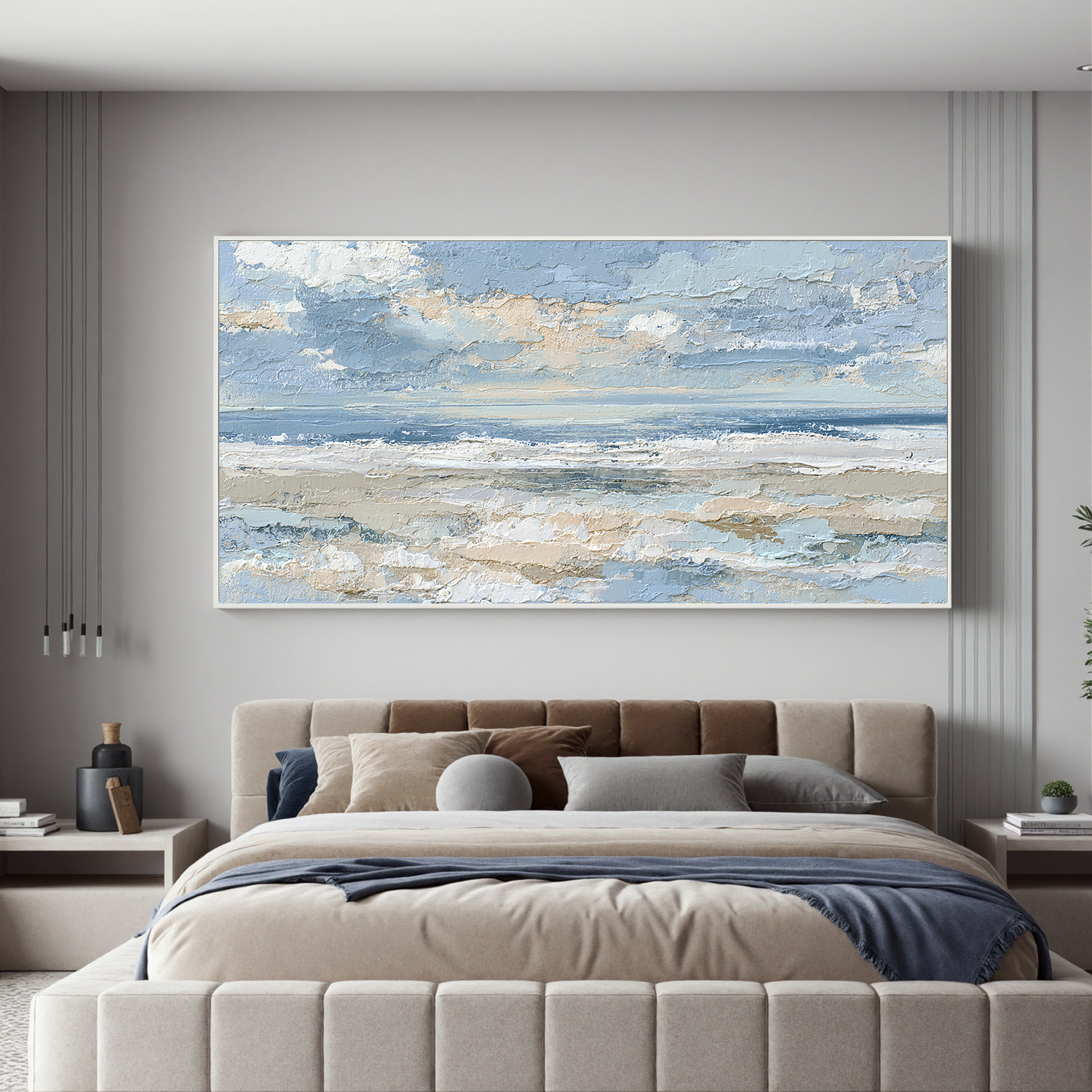 Large Coastal Seascape Canvas Wall Art – Blue Ocean Waves & Sky Painting for Modern Living Room Decor#OA 0843