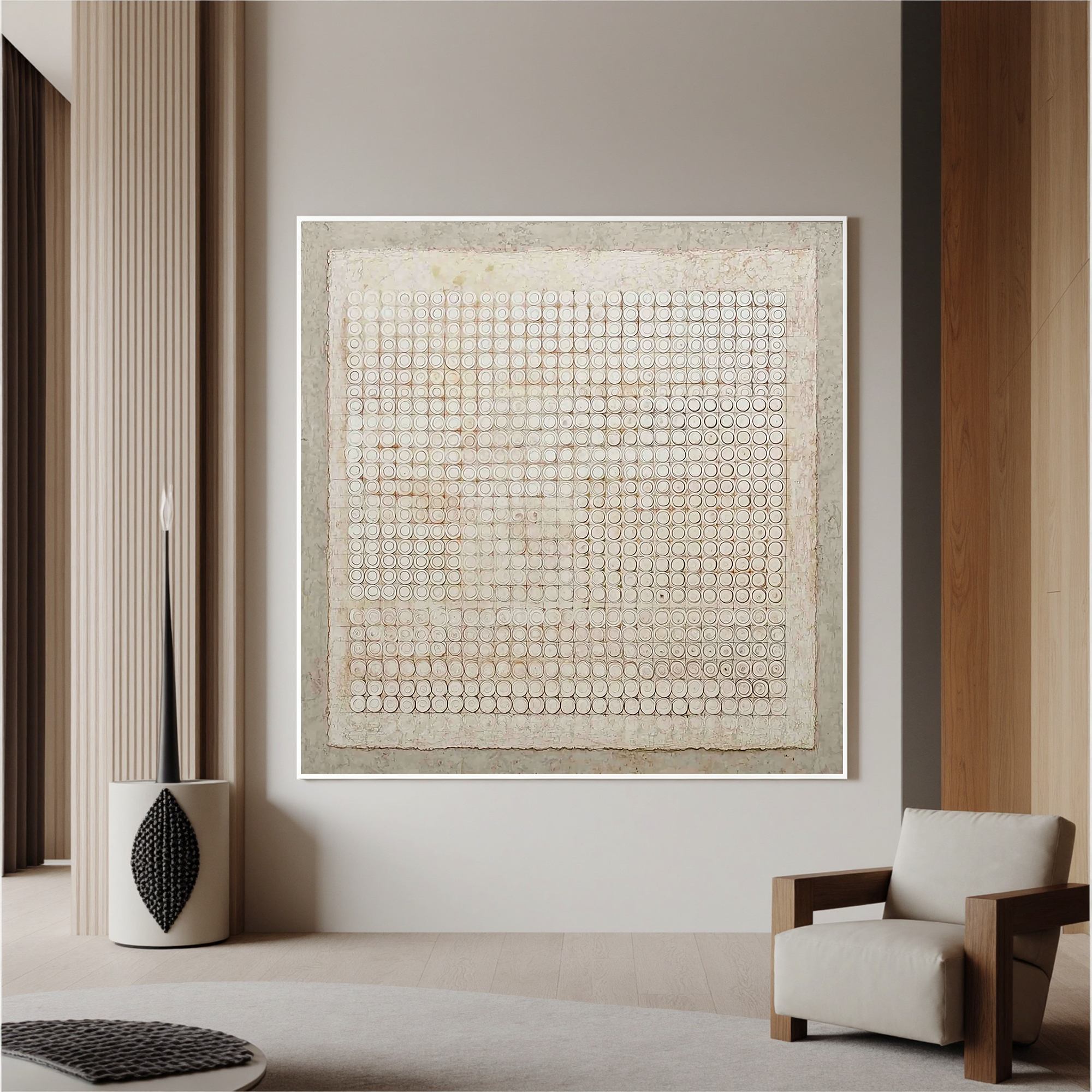 White Textured Geometric Abstract Wall Art, Neutral Circle Pattern Canvas Painting for Living Room Décor #OA 0006
