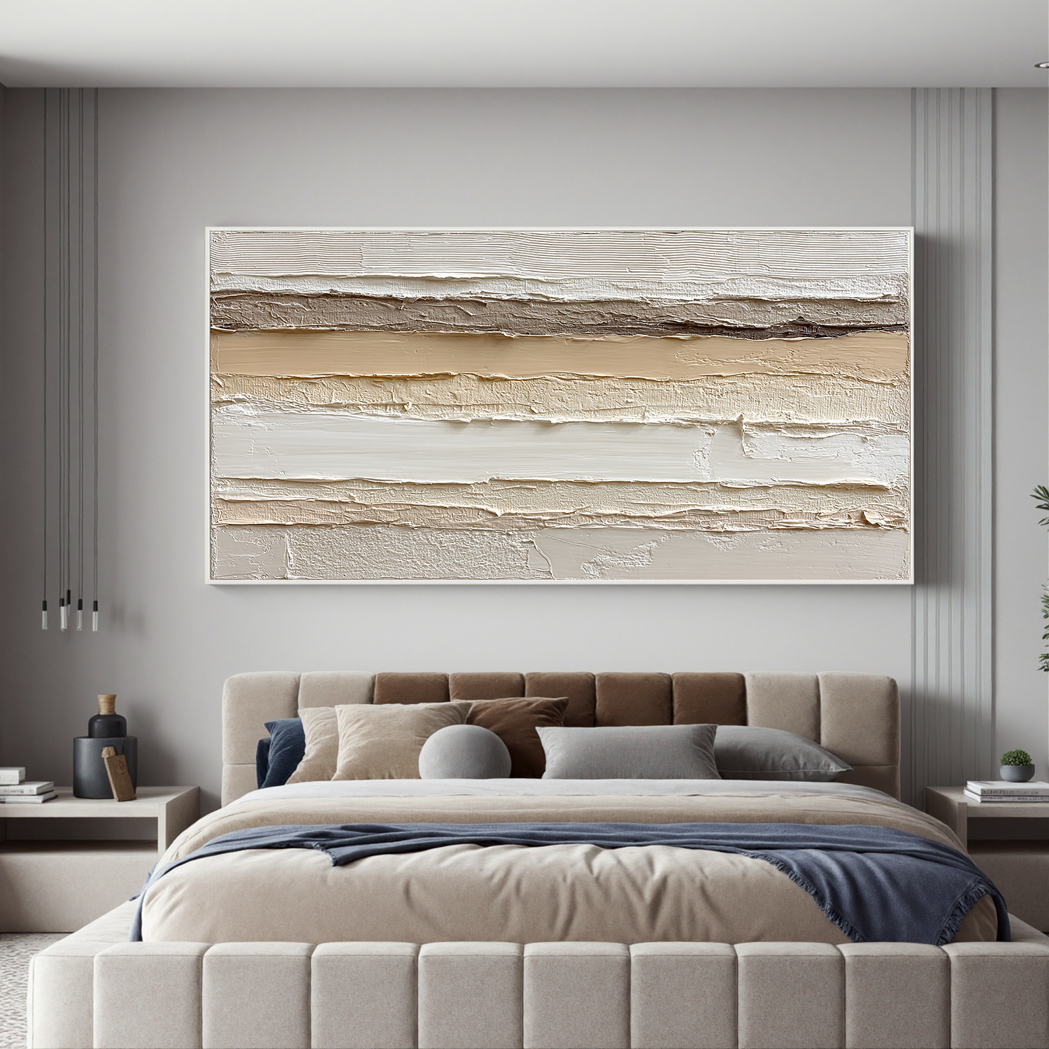 Large Horizontal Neutral Textured Wall Art – Beige Minimalist Abstract Canvas for Modern Living Room Decor#OA 0823