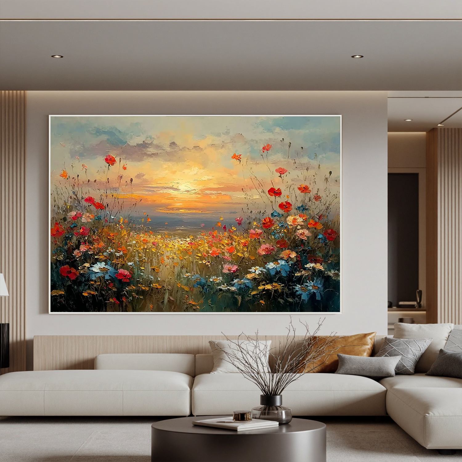 Sunset Wildflower Meadow Wall Art, Colorful Floral Landscape Canvas Painting for Living Room Décor #OA 0415