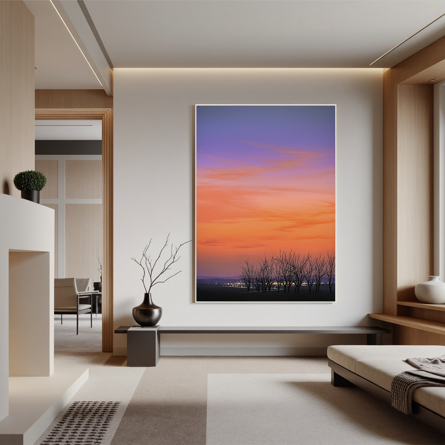 Sunset Sky with Bare Trees and Distant City Lights Wall Art, Serene Landscape Canvas for Living Room Decor #OA 0755