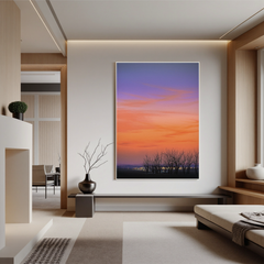 Sunset Sky with Bare Trees and Distant City Lights Wall Art, Serene Landscape Canvas for Living Room Decor #OA 0755