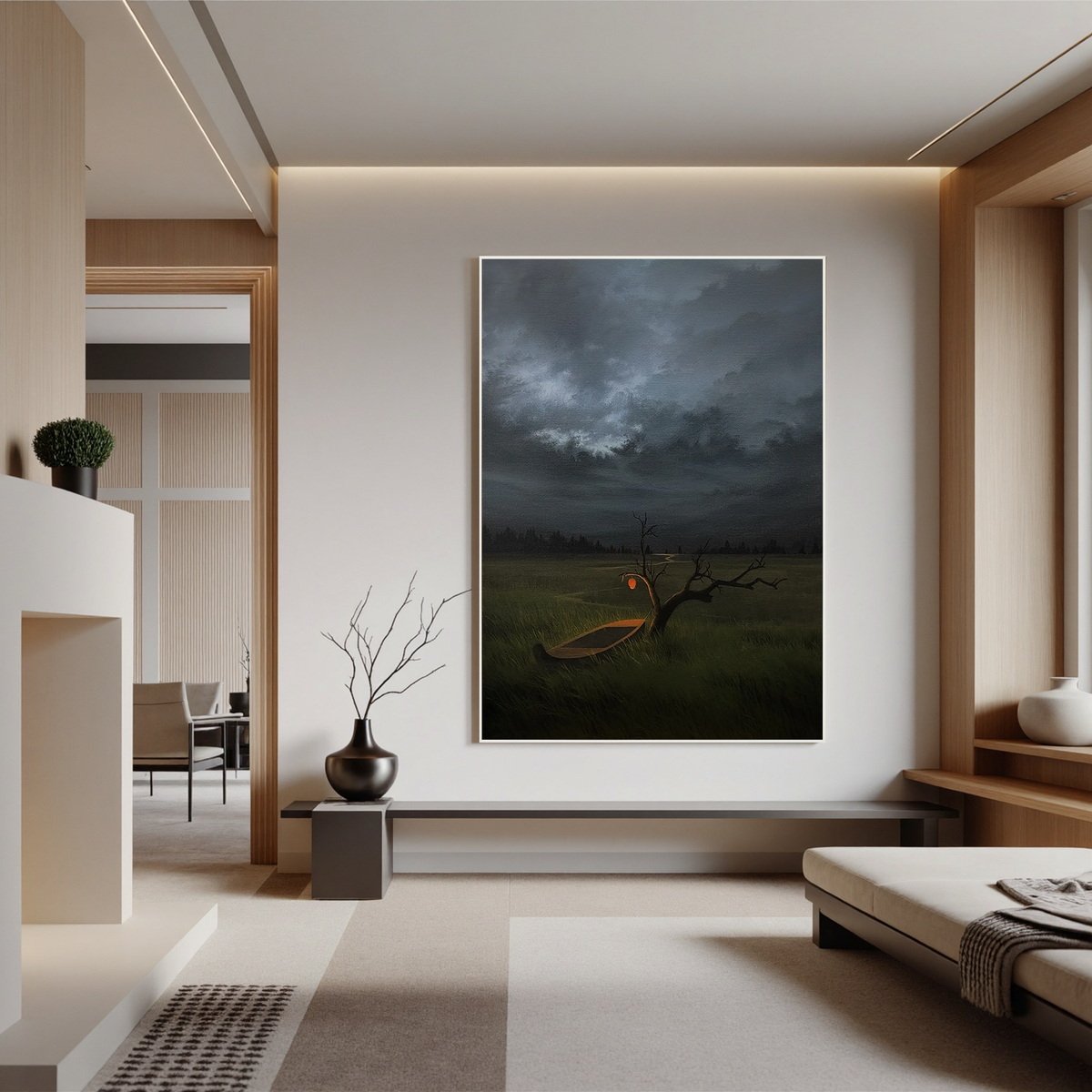 Moody Stormy Landscape Wall Art with Glowing Lantern and Boat, Surreal Lone Tree Meadow Canvas for Living Room Decor #OA 0738