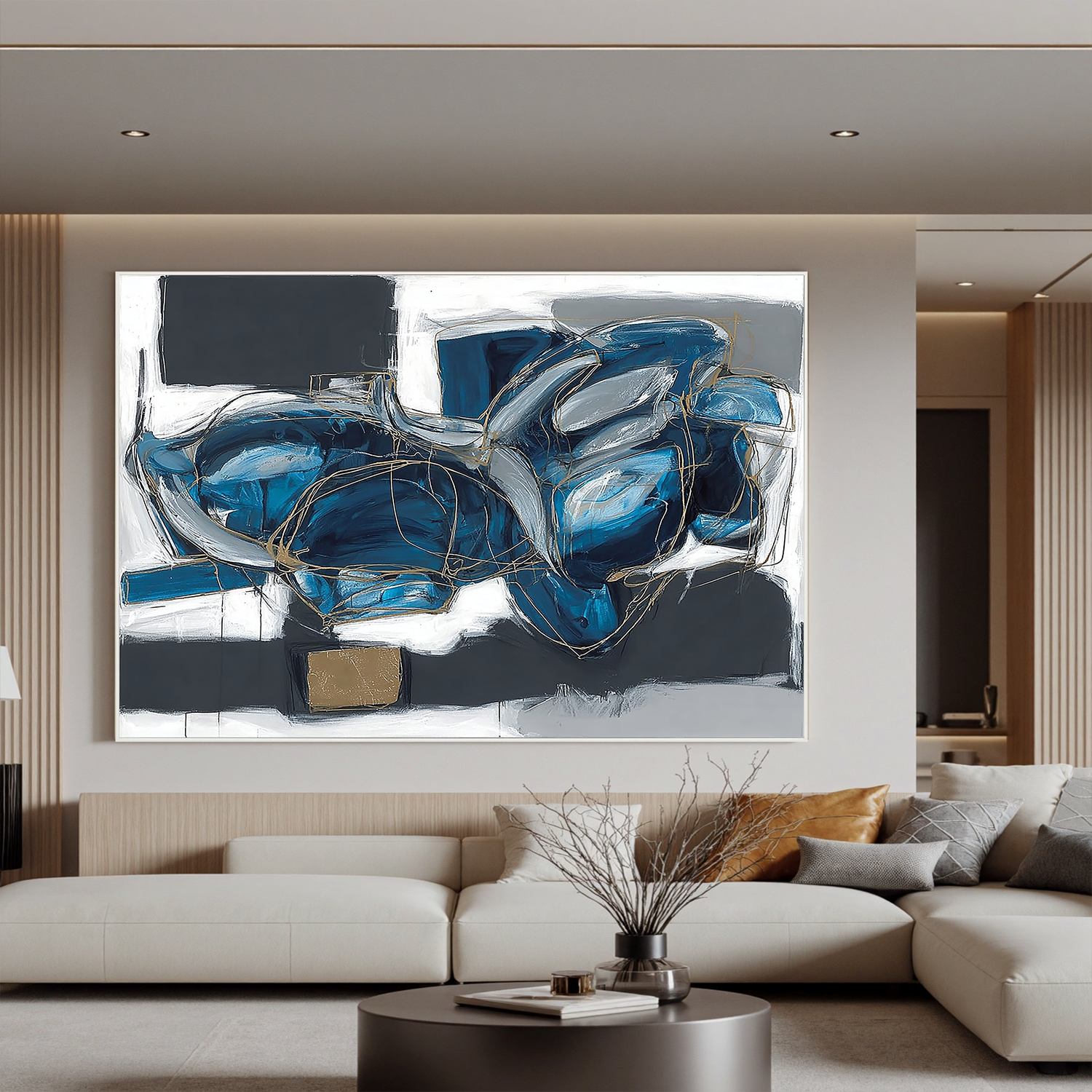 Blue Abstract Wall Art, Modern Black White and Gold Line Canvas Painting for Living Room Décor #OA 0418