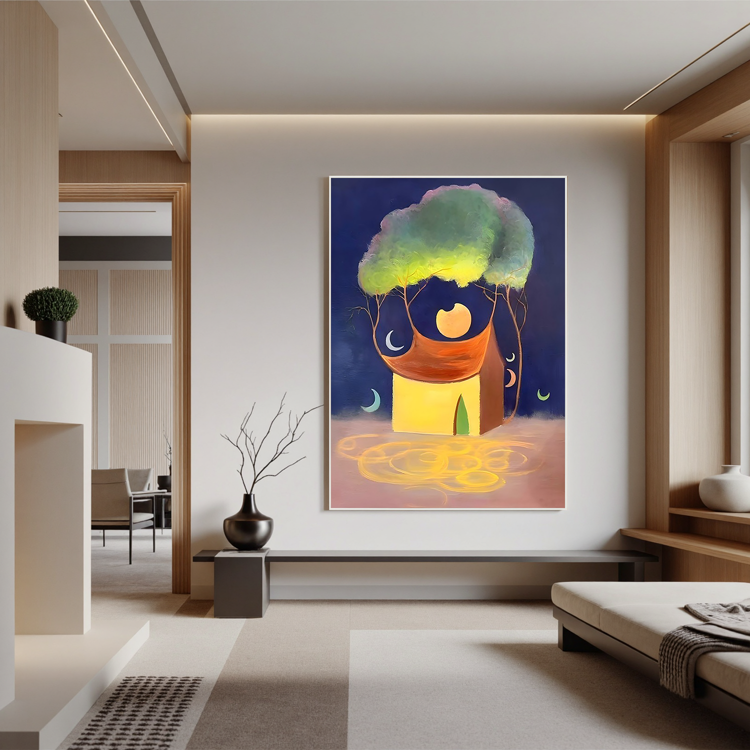 Moonlit Dream House-Surreal Moonlit House Landscape Wall Art
